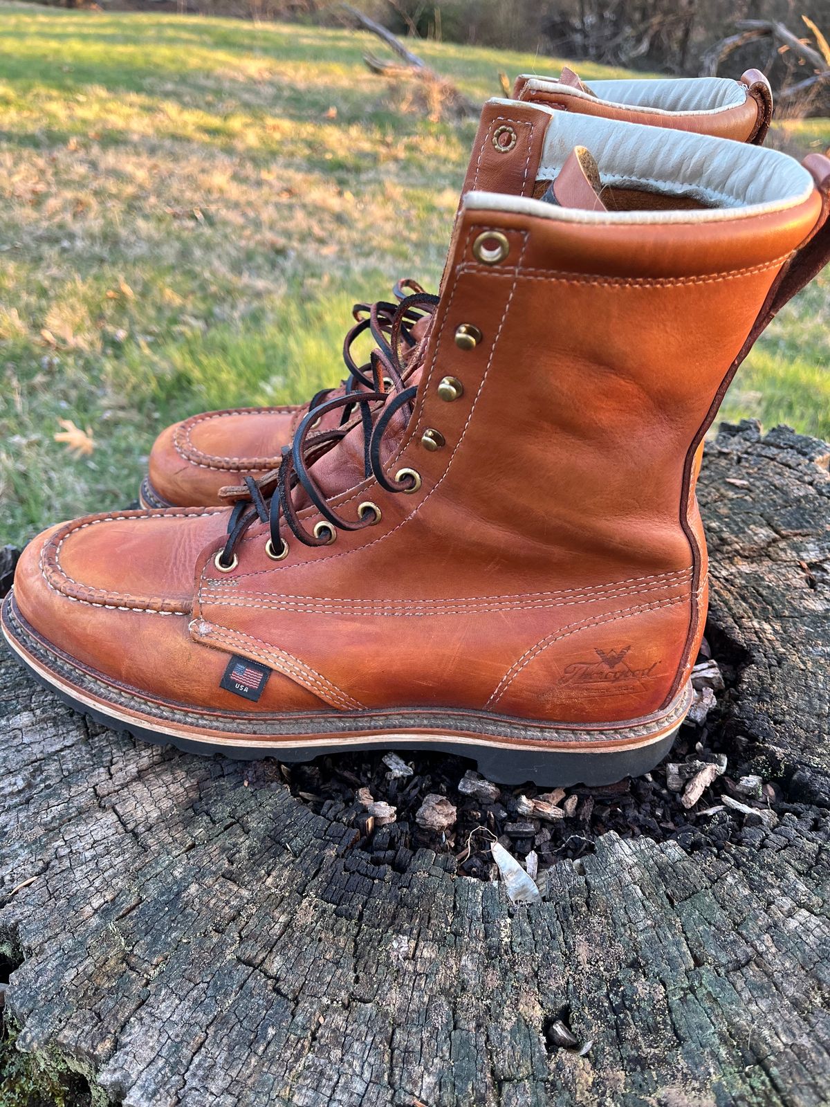 Photo by Skygoat on March 4, 2023 of the Thorogood 8" Moc Toe in Unknown Leather.