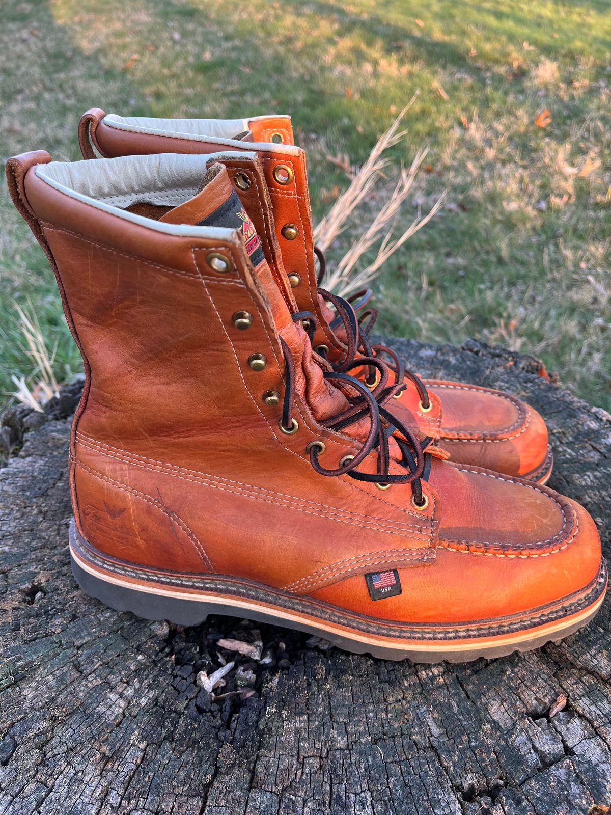 Photo by Skygoat on March 4, 2023 of the Thorogood 8" Moc Toe in Unknown Leather.