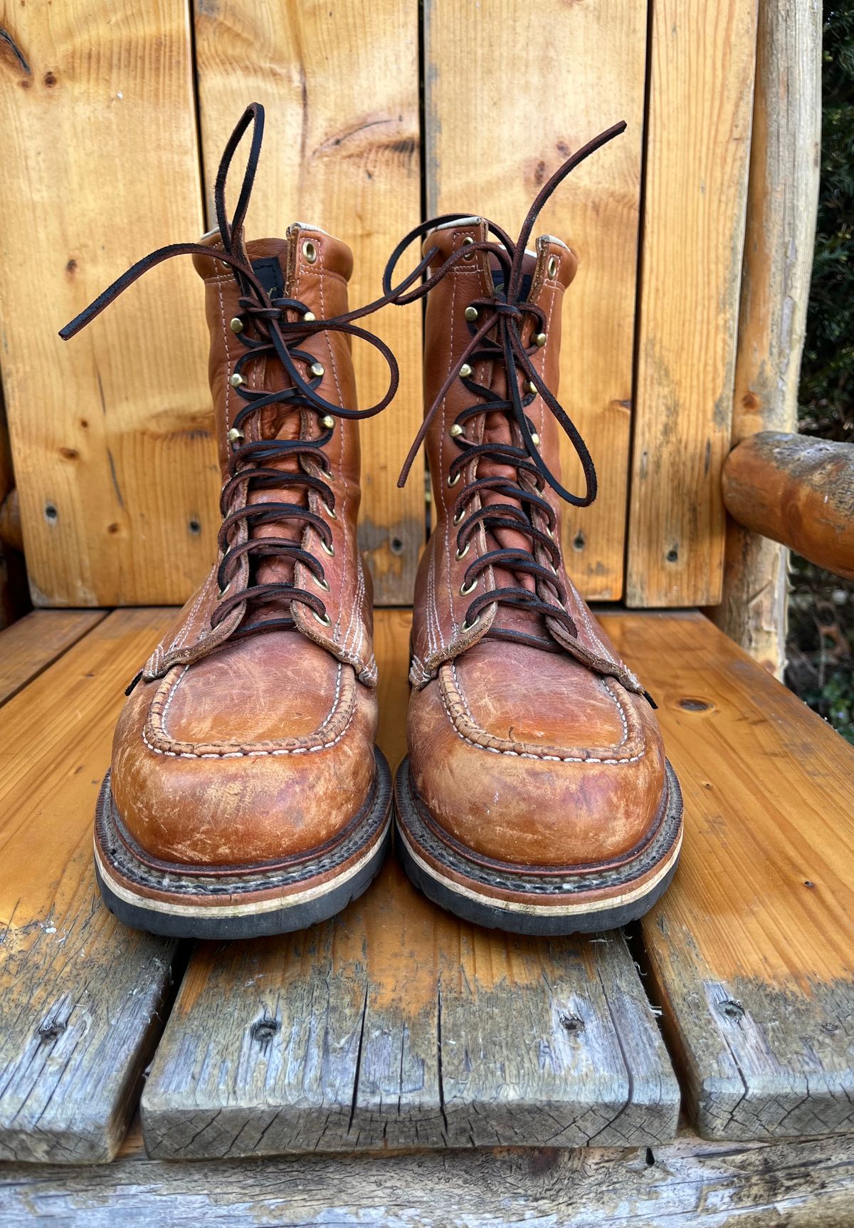 Photo by Skygoat on April 3, 2023 of the Thorogood 8" Moc Toe in Unknown Leather.