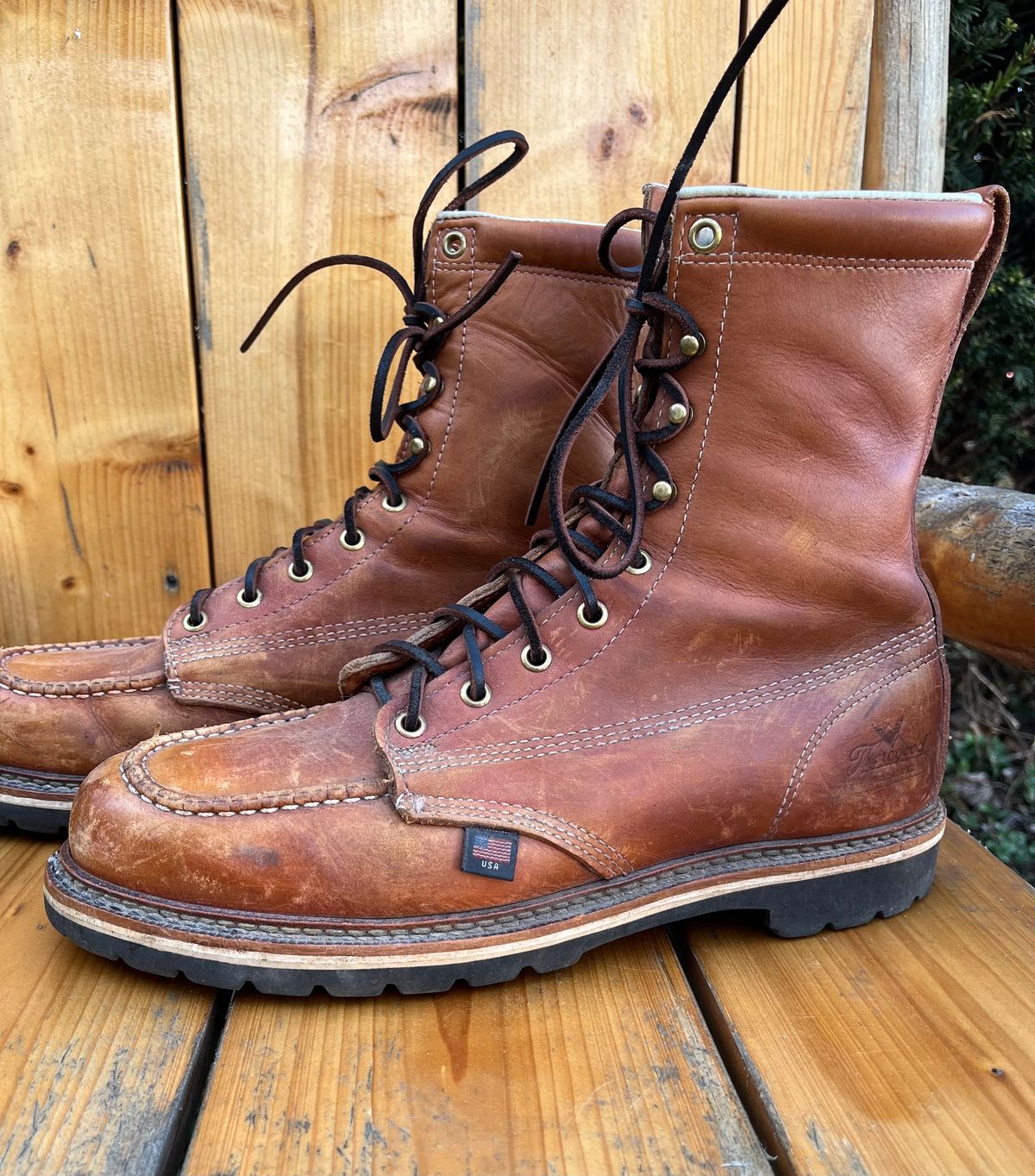 Photo by Skygoat on April 3, 2023 of the Thorogood 8" Moc Toe in Unknown Leather.