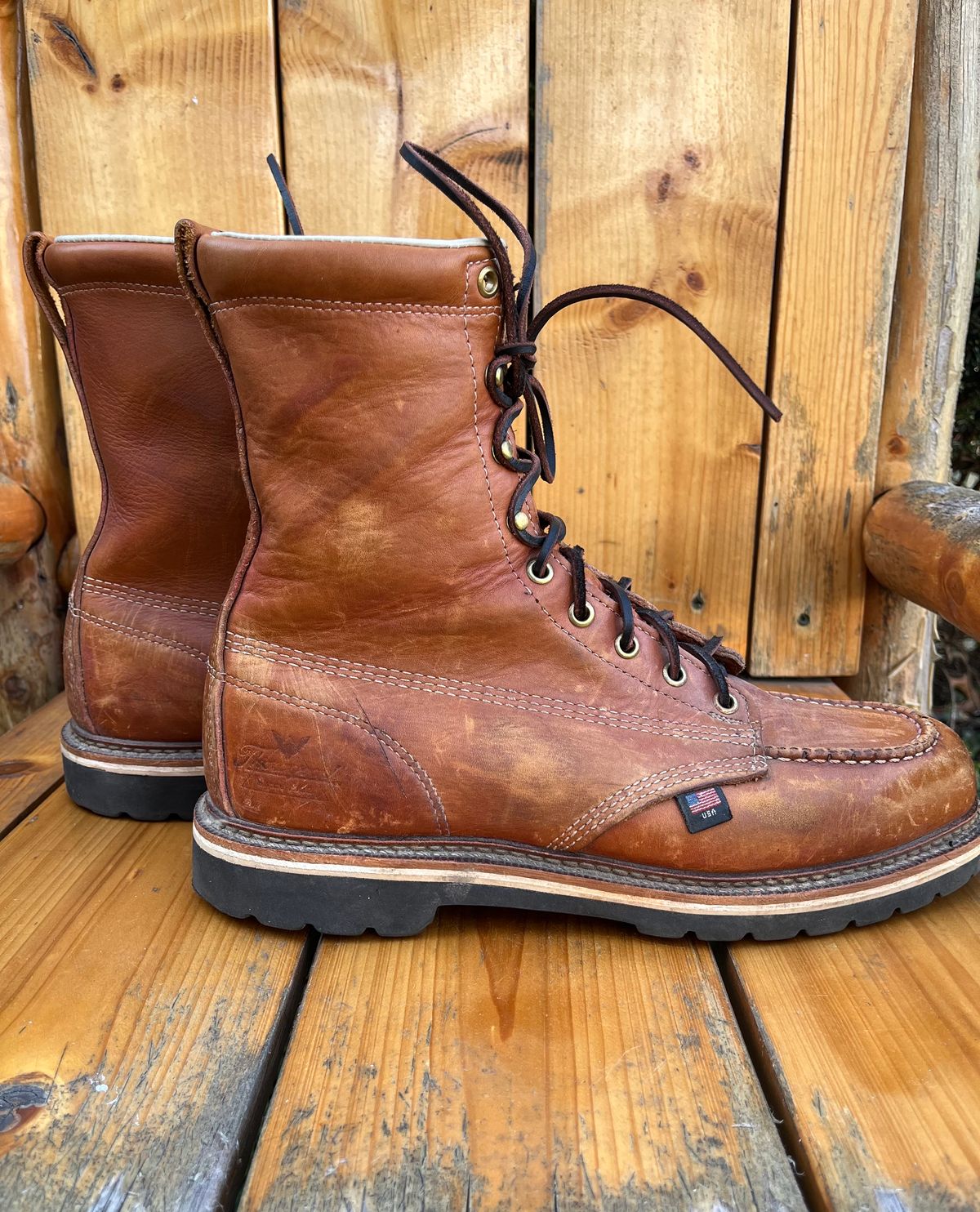 Photo by Skygoat on April 3, 2023 of the Thorogood 8" Moc Toe in Unknown Leather.
