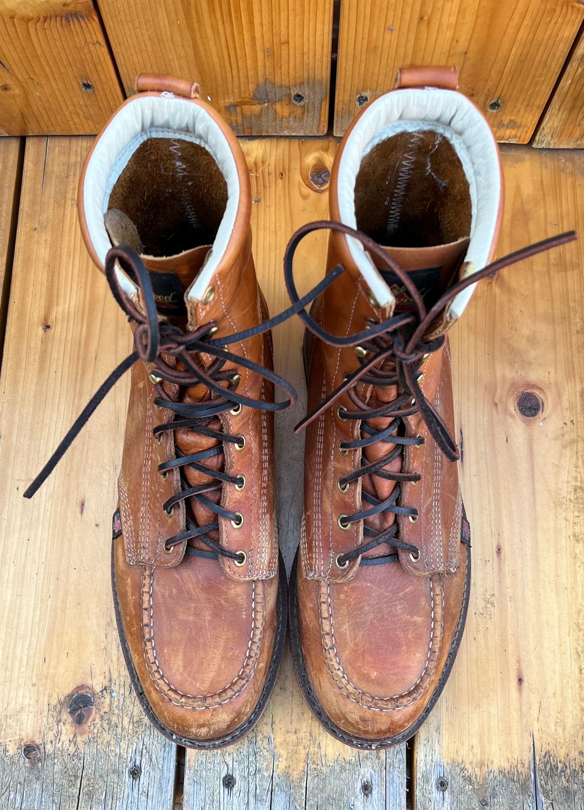 Photo by Skygoat on April 3, 2023 of the Thorogood 8" Moc Toe in Unknown Leather.