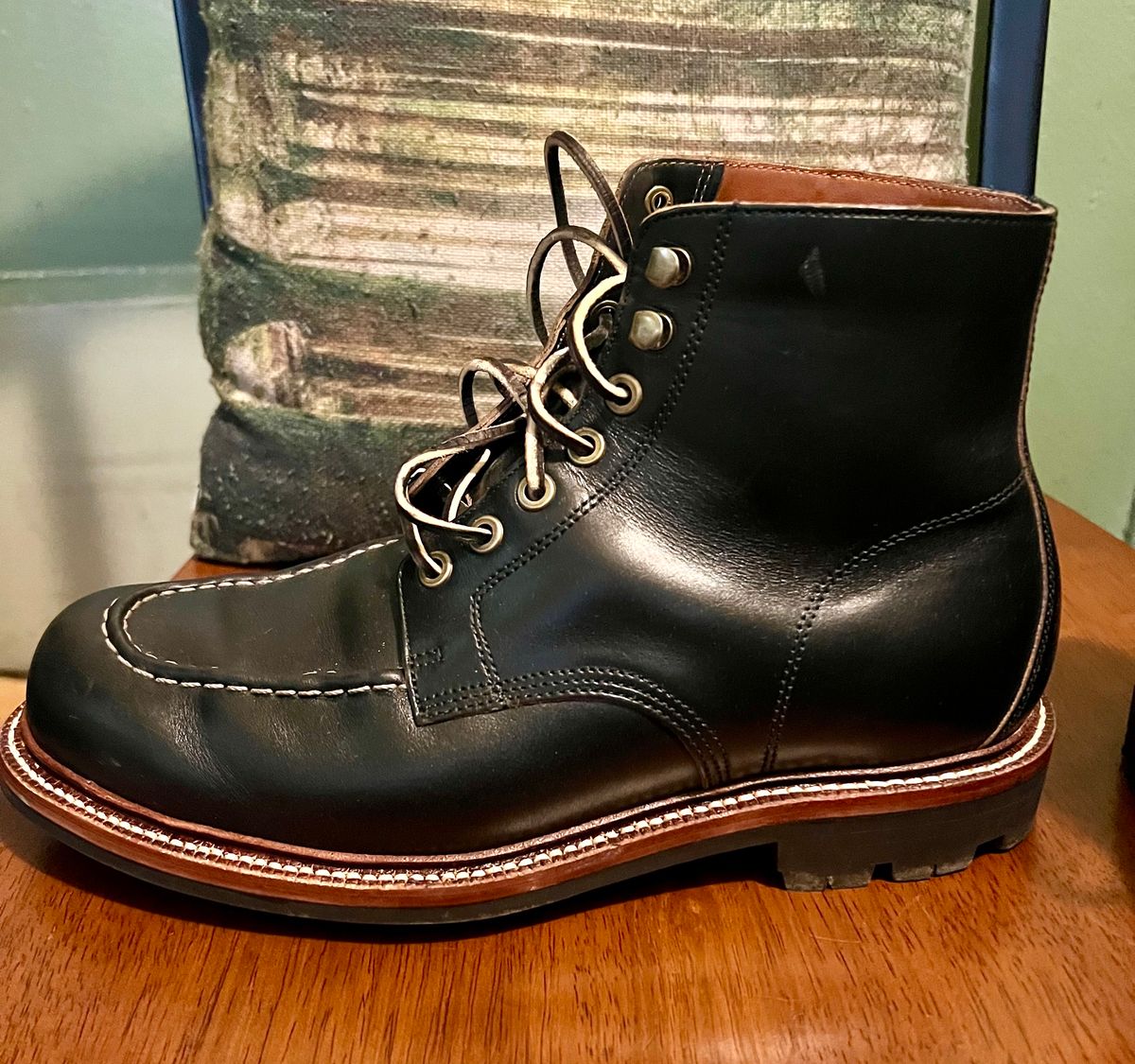 Photo by Rangerfan7676 on November 2, 2023 of the Grant Stone Brass Boot in Horween Black Chromexcel.