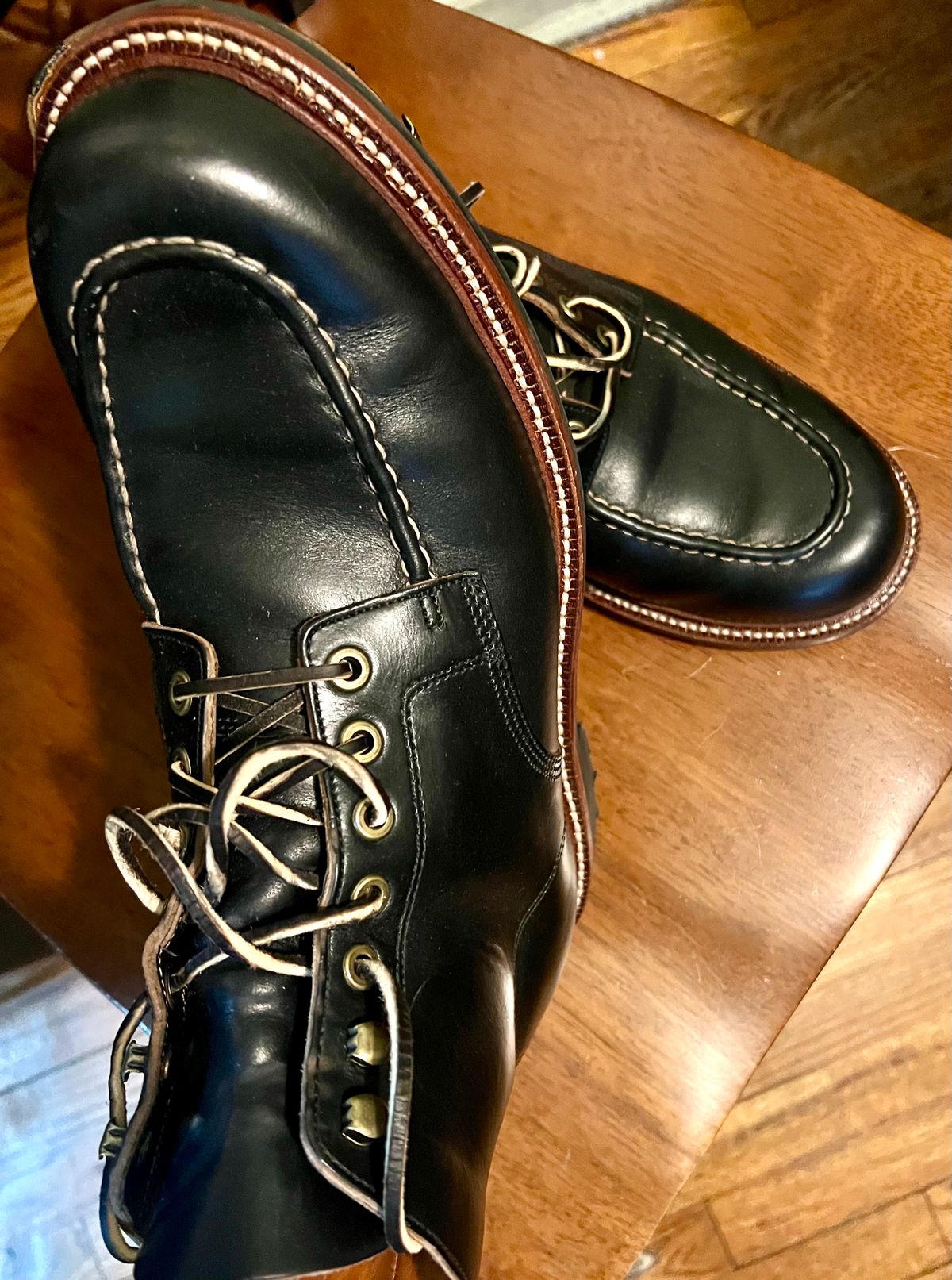 Photo by Rangerfan7676 on November 2, 2023 of the Grant Stone Brass Boot in Horween Black Chromexcel.