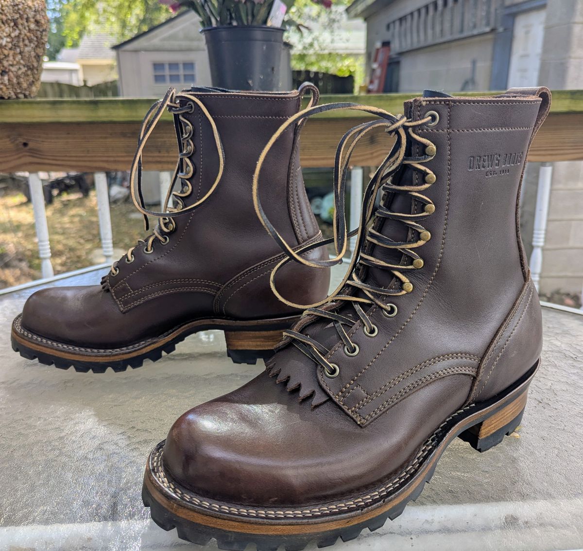 Photo by Leif on October 1, 2025 of the Drew's Boots 8-Inch Logger in Brown Smooth.