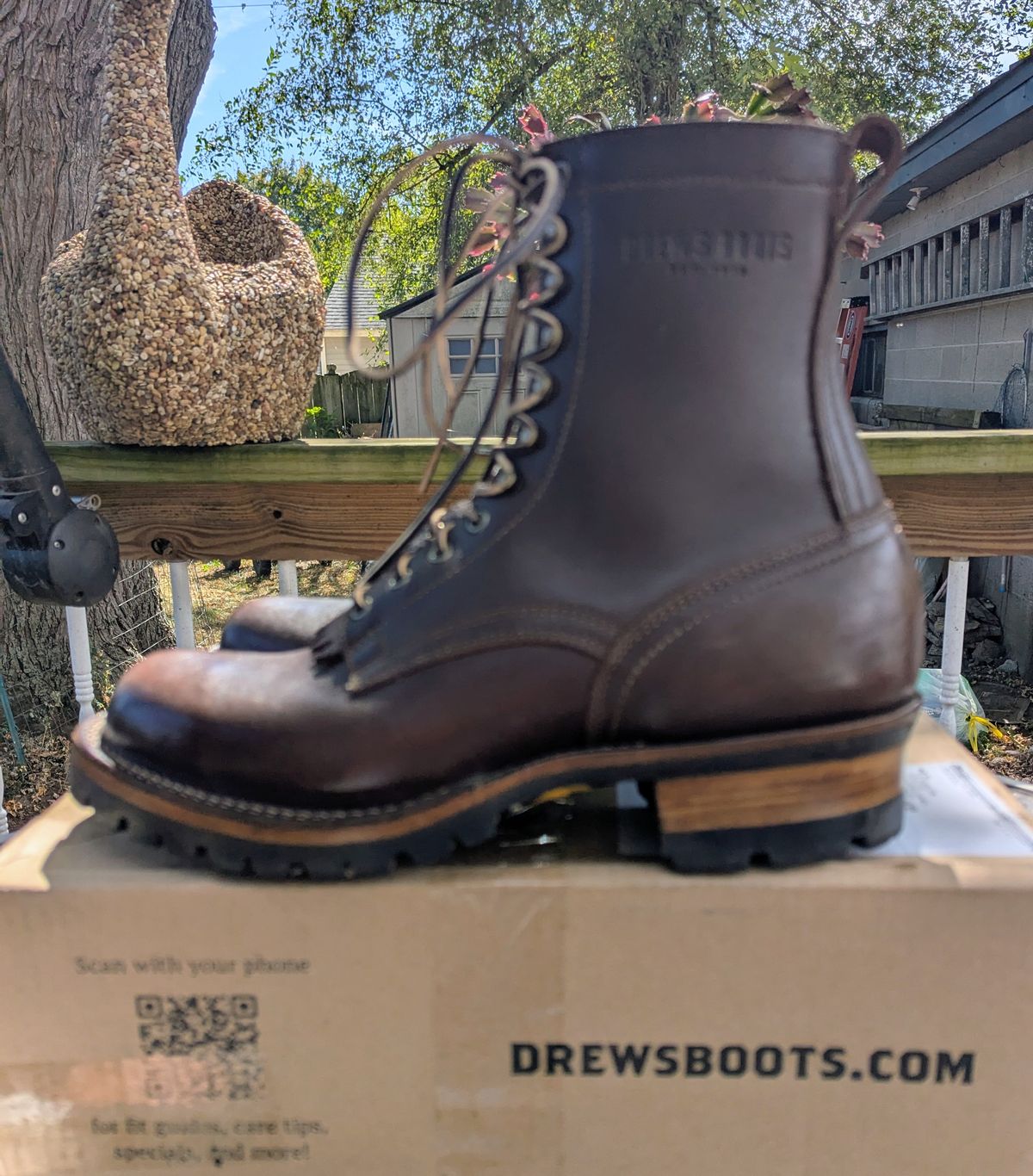 Photo by Leif on October 1, 2025 of the Drew's Boots 8-Inch Logger in Brown Smooth.