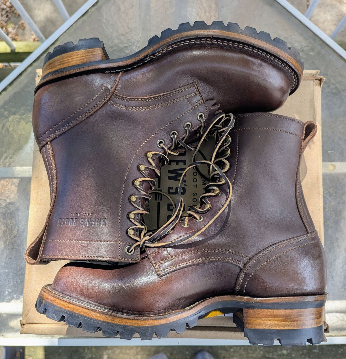 Photo by Leif on October 1, 2025 of the Drew's Boots 8-Inch Logger in Brown Smooth.