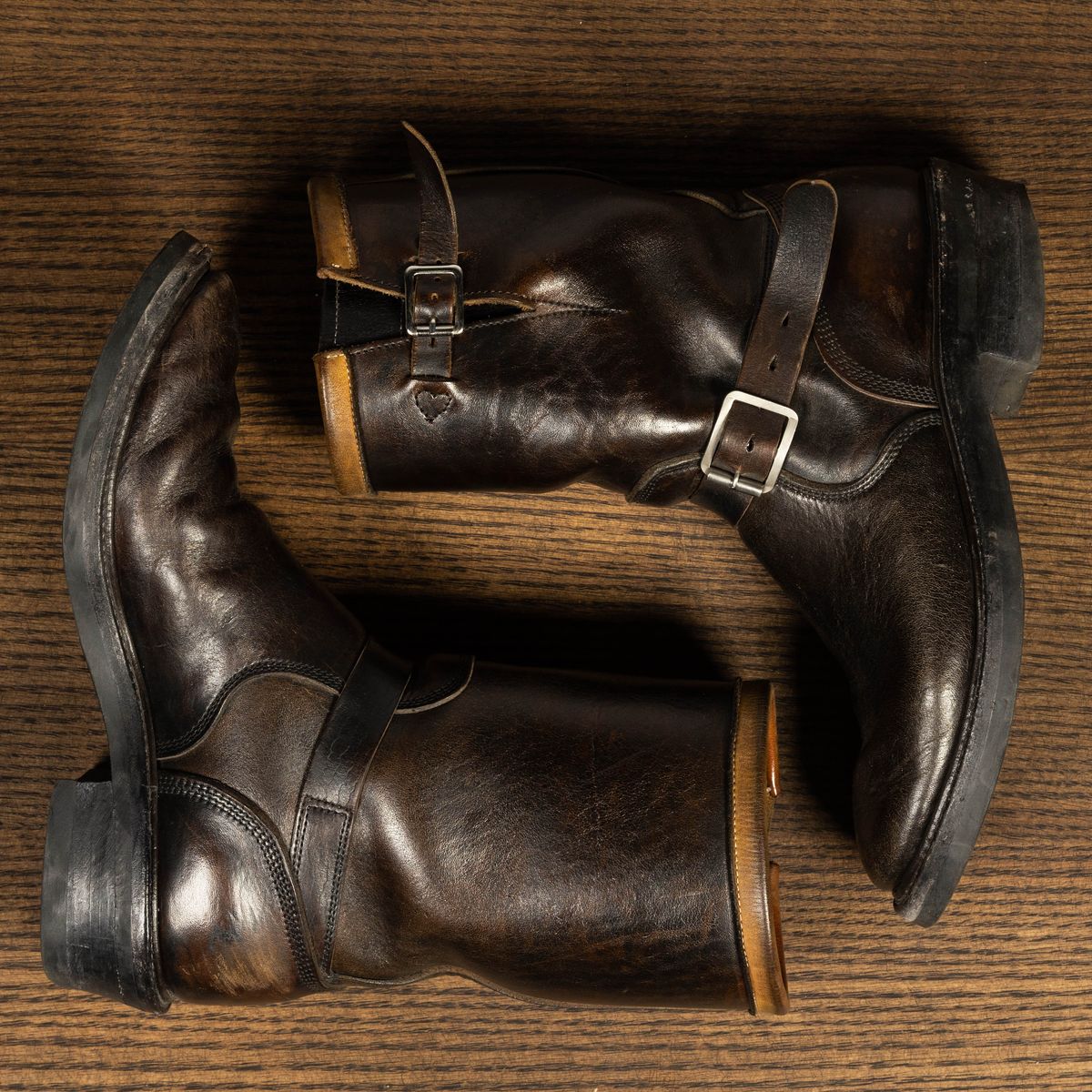 Photo by friendo on April 6, 2023 of the Role Club Anniversary Engineer Boots in Shinki Hand-Finished Black Horsehide.