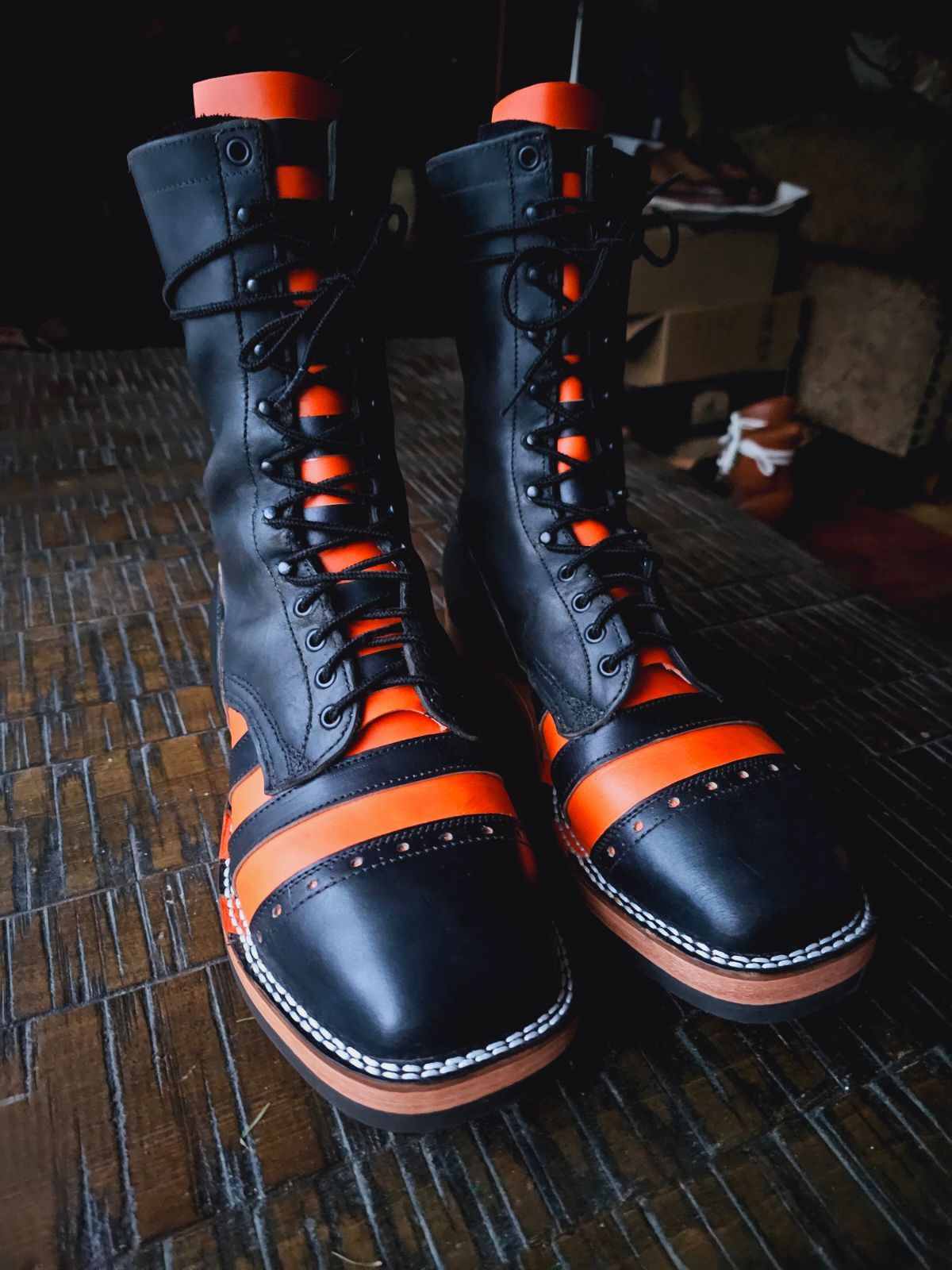 Photo by nobnix on October 23, 2023 of the Frank's Boots rebuild stripe in Horween Black Chromexcel.