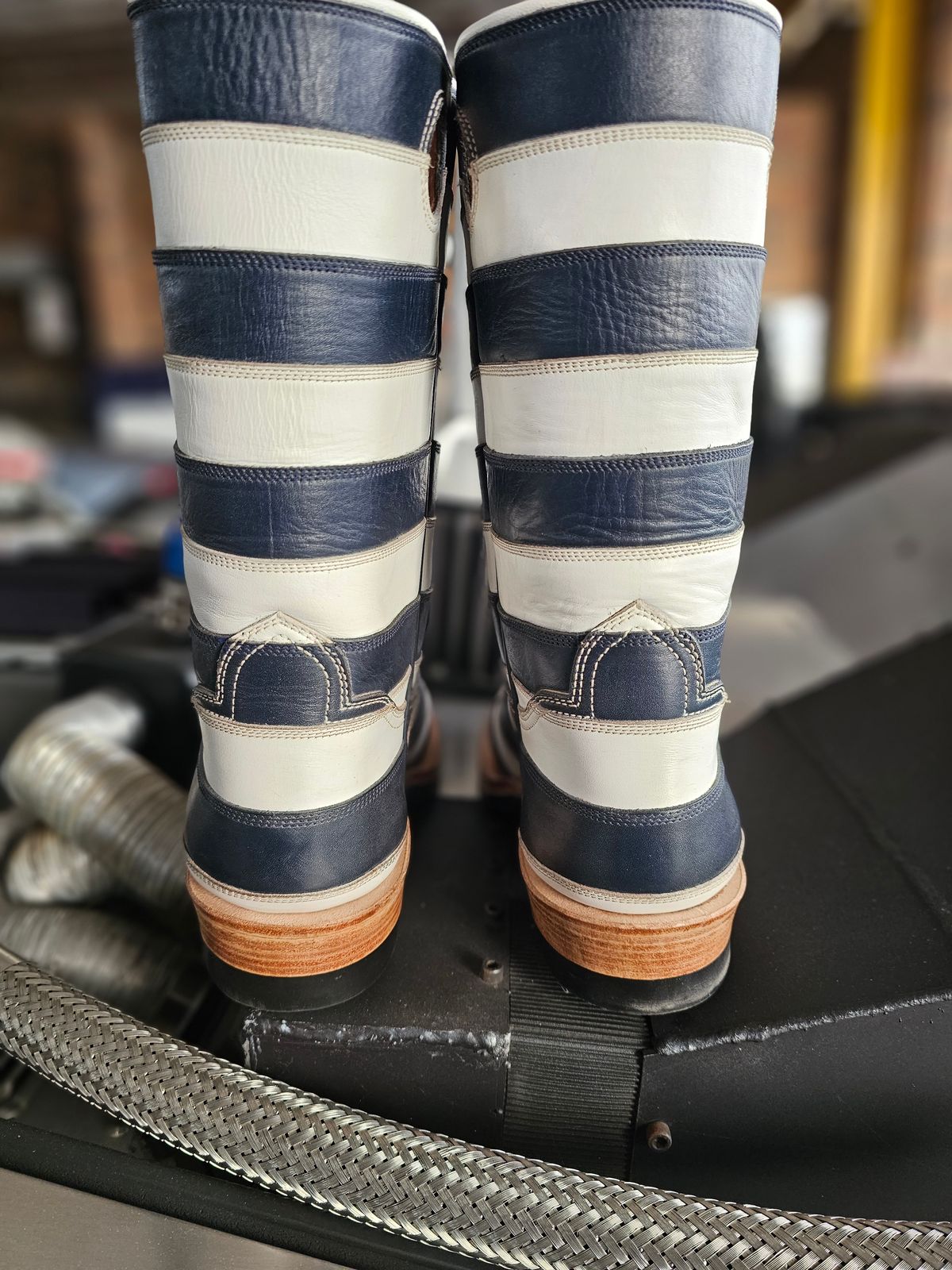 Photo by nobnix on November 1, 2023 of the Open Road Boots Striped in Navy Glass Calf, White Chrome Tanned.