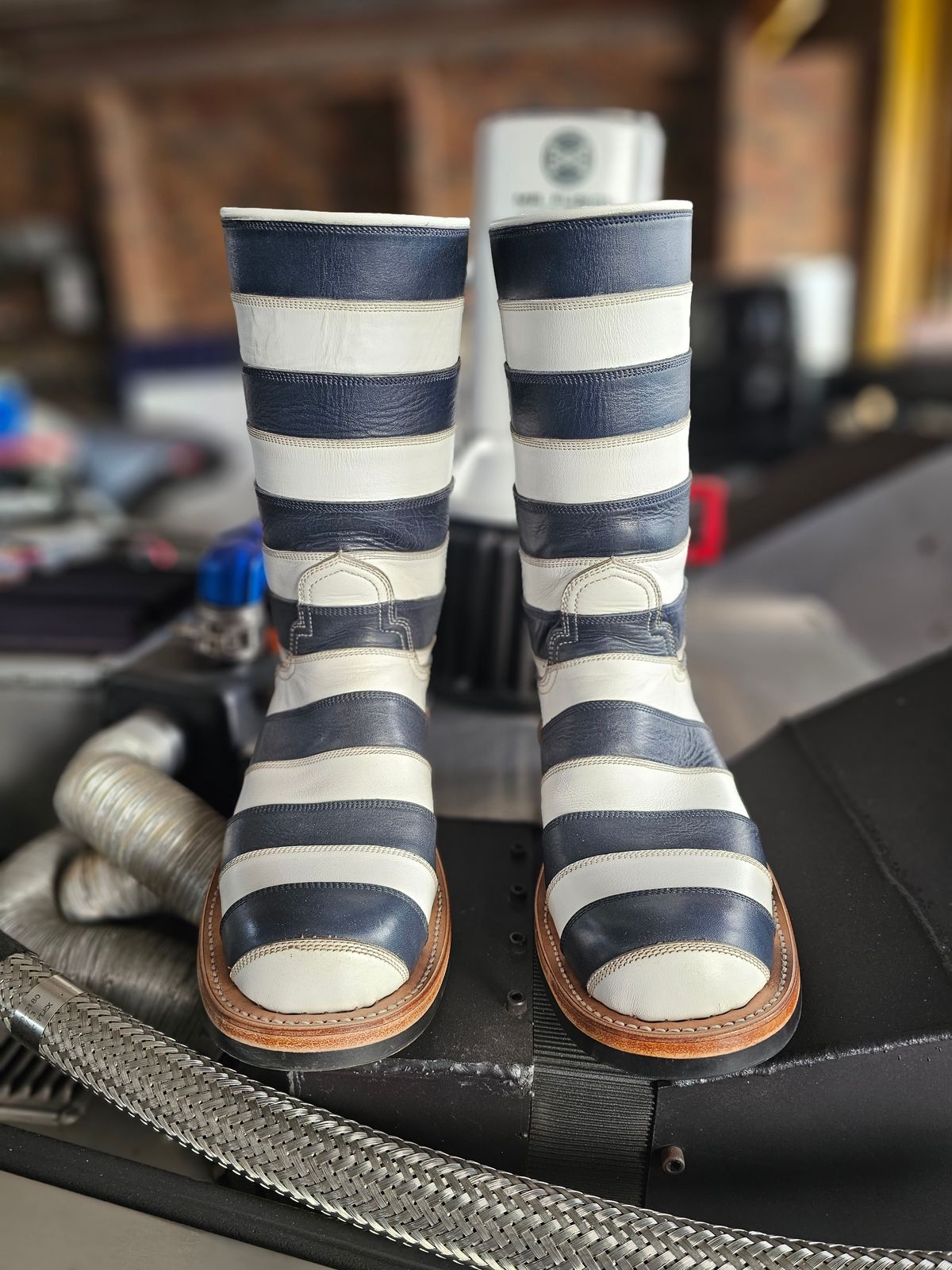 Photo by nobnix on November 1, 2023 of the Open Road Boots Striped in Navy Glass Calf, White Chrome Tanned.