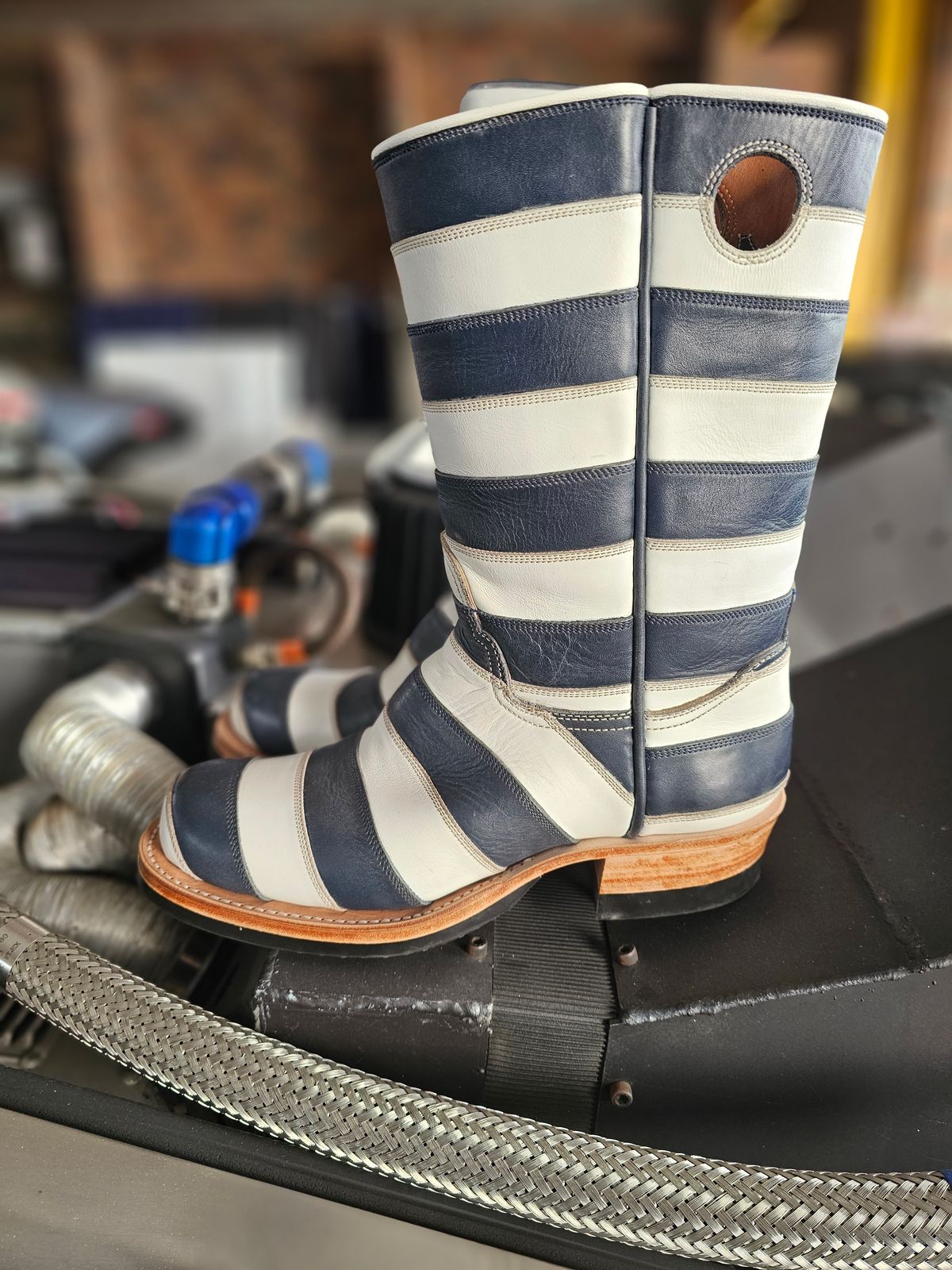 Photo by nobnix on November 1, 2023 of the Open Road Boots Striped in Navy Glass Calf, White Chrome Tanned.