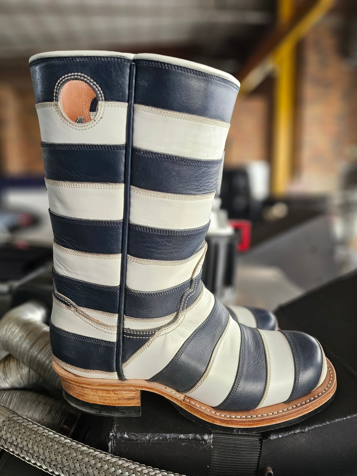 Photo by nobnix on November 1, 2023 of the Open Road Boots Striped in Navy Glass Calf, White Chrome Tanned.