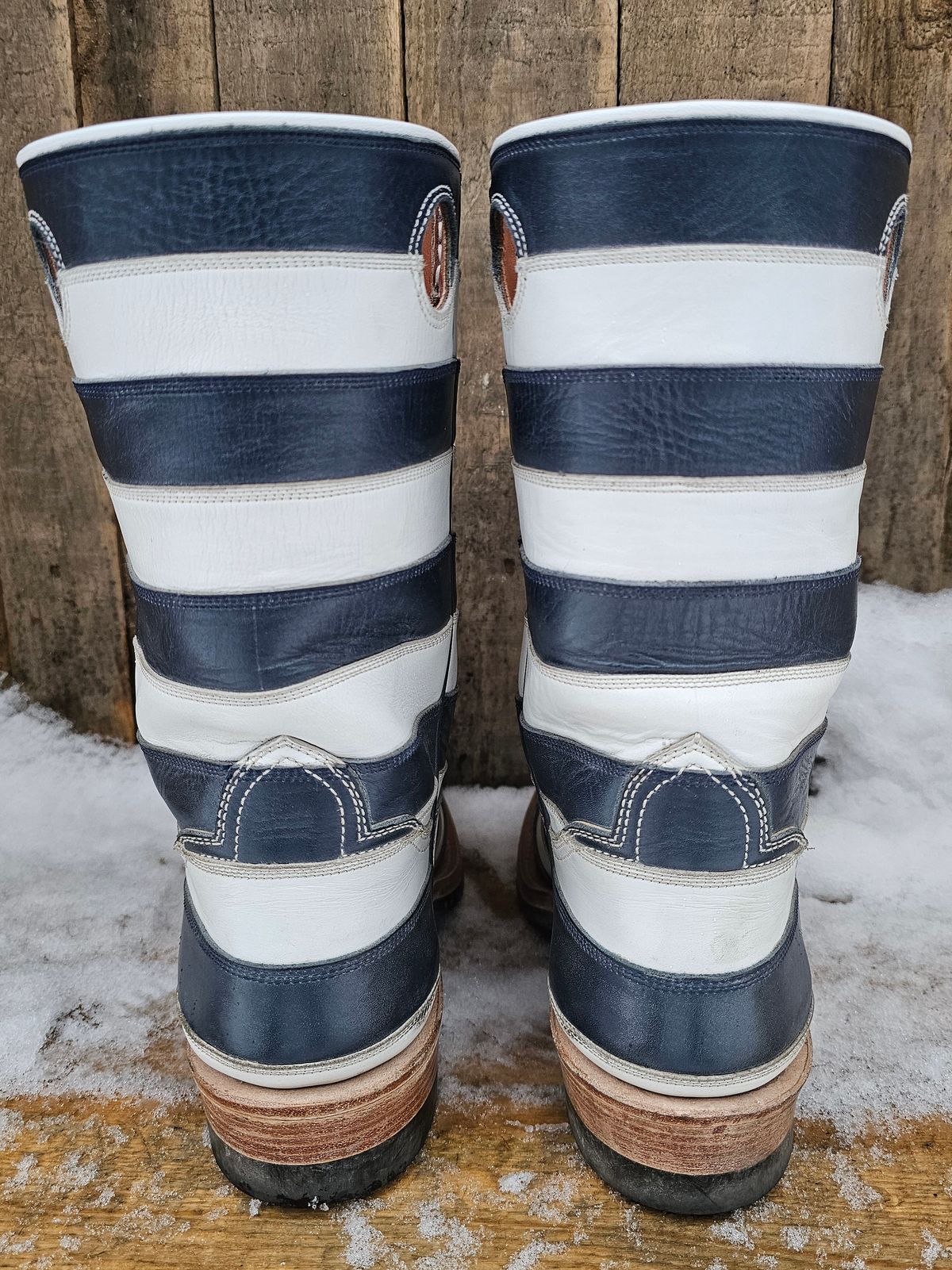 Photo by nobnix on December 3, 2023 of the Open Road Boots Striped in Navy Glass Calf, White Chrome Tanned.
