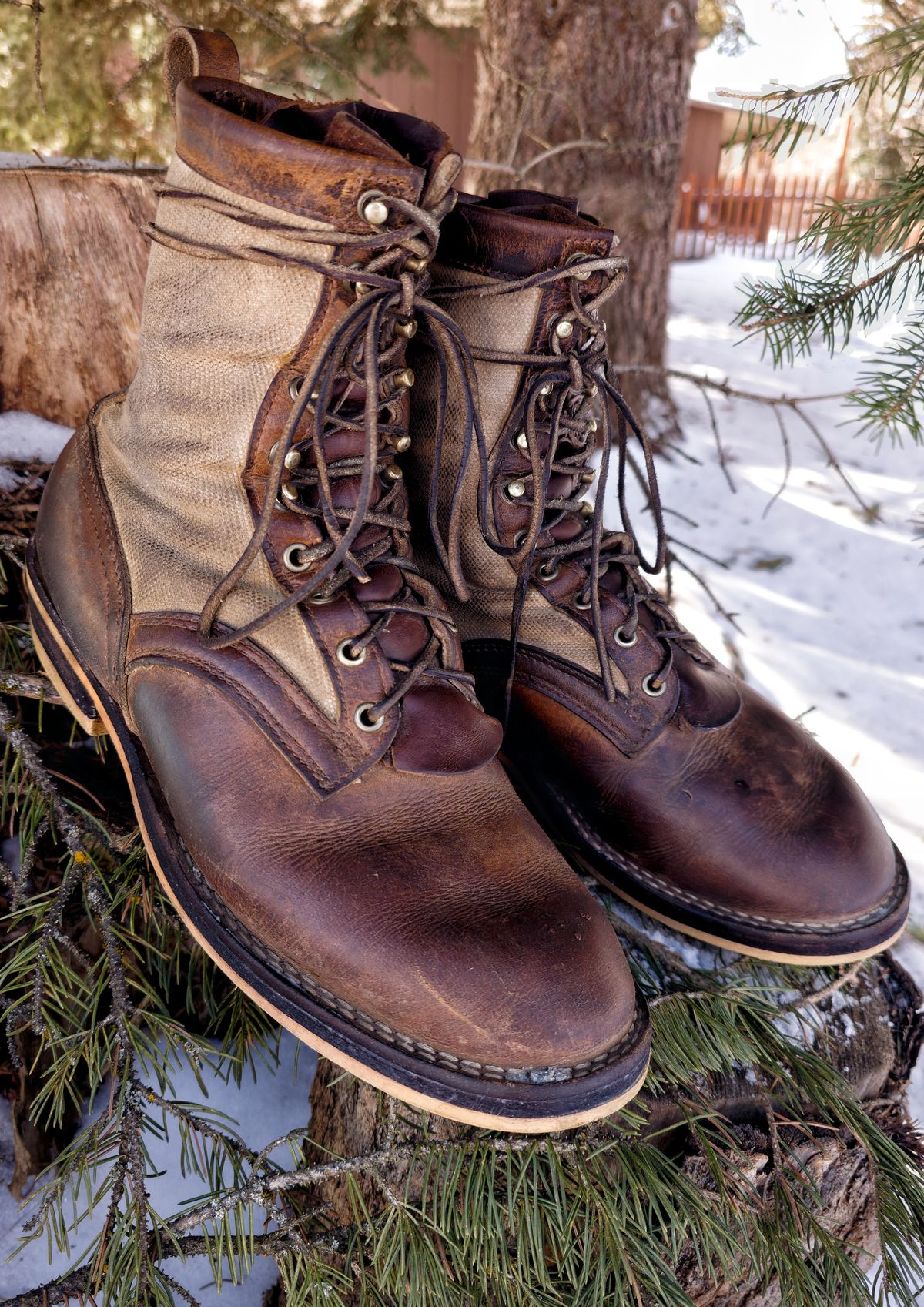 Photo by nobnix on March 4, 2023 of the Frank's Boots Ryker AT in Arif & Sons Hand Waxed Antique Brown.