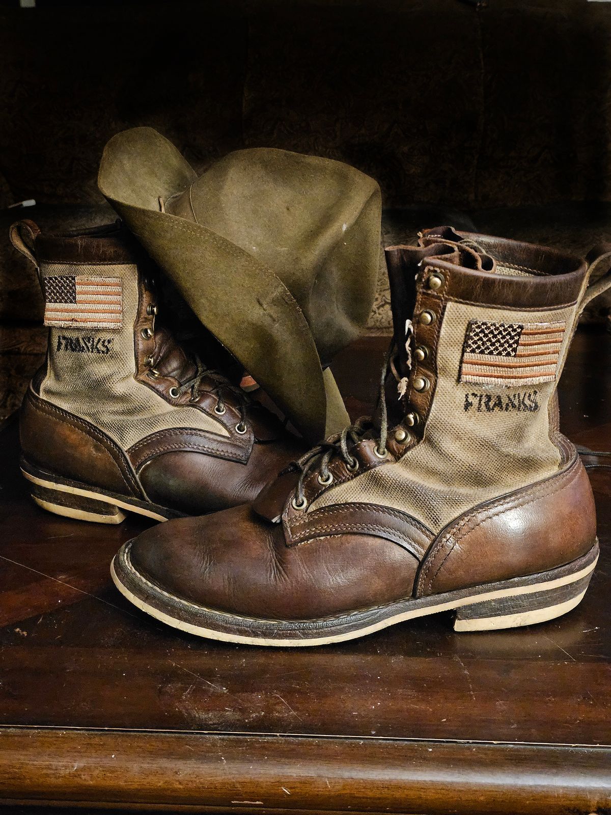 Photo by nobnix on February 29, 2024 of the Frank's Boots Ryker AT in Arif & Sons Hand Waxed Antique Brown.