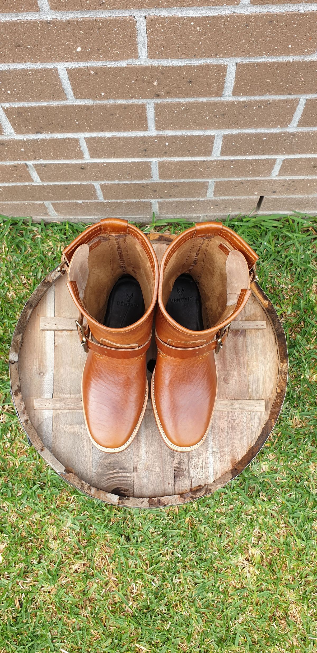 Photo by Worn.Soles on October 1, 2021 of the Benzein The Keeper 'Type 2' Engineer Boot in Shinki Brown Oiled Horsebutt.