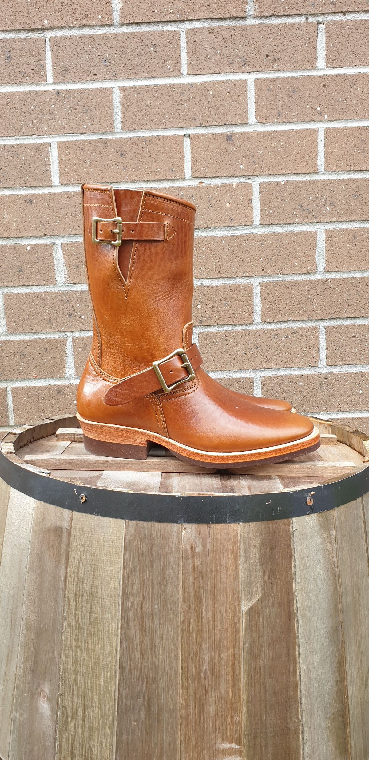 Photo by Worn.Soles on October 1, 2021 of the Benzein The Keeper 'Type 2' Engineer Boot in Shinki Brown Oiled Horsebutt.