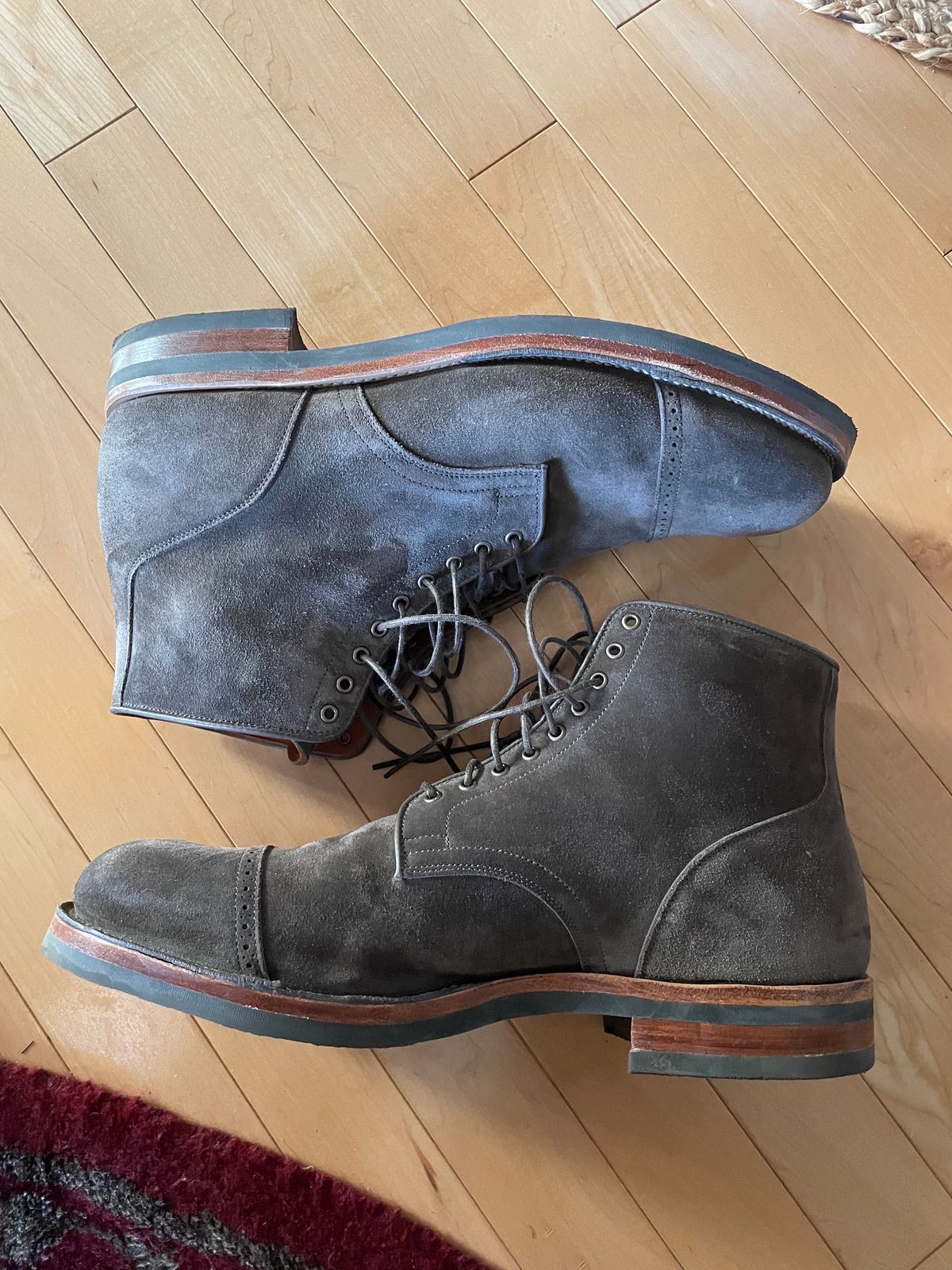 Photo by wonkytoe on November 4, 2023 of the Viberg Service Boot BCT in C.F. Stead Thyme Janus Calf Suede.