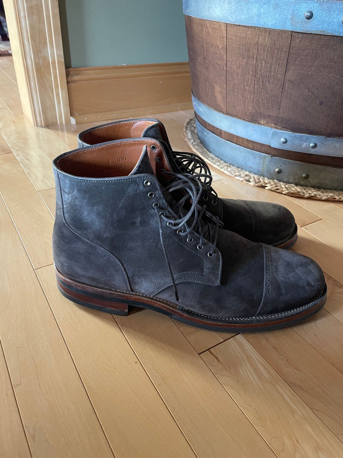Photo by wonkytoe on November 4, 2023 of the Viberg Service Boot BCT in C.F. Stead Thyme Janus Calf Suede.