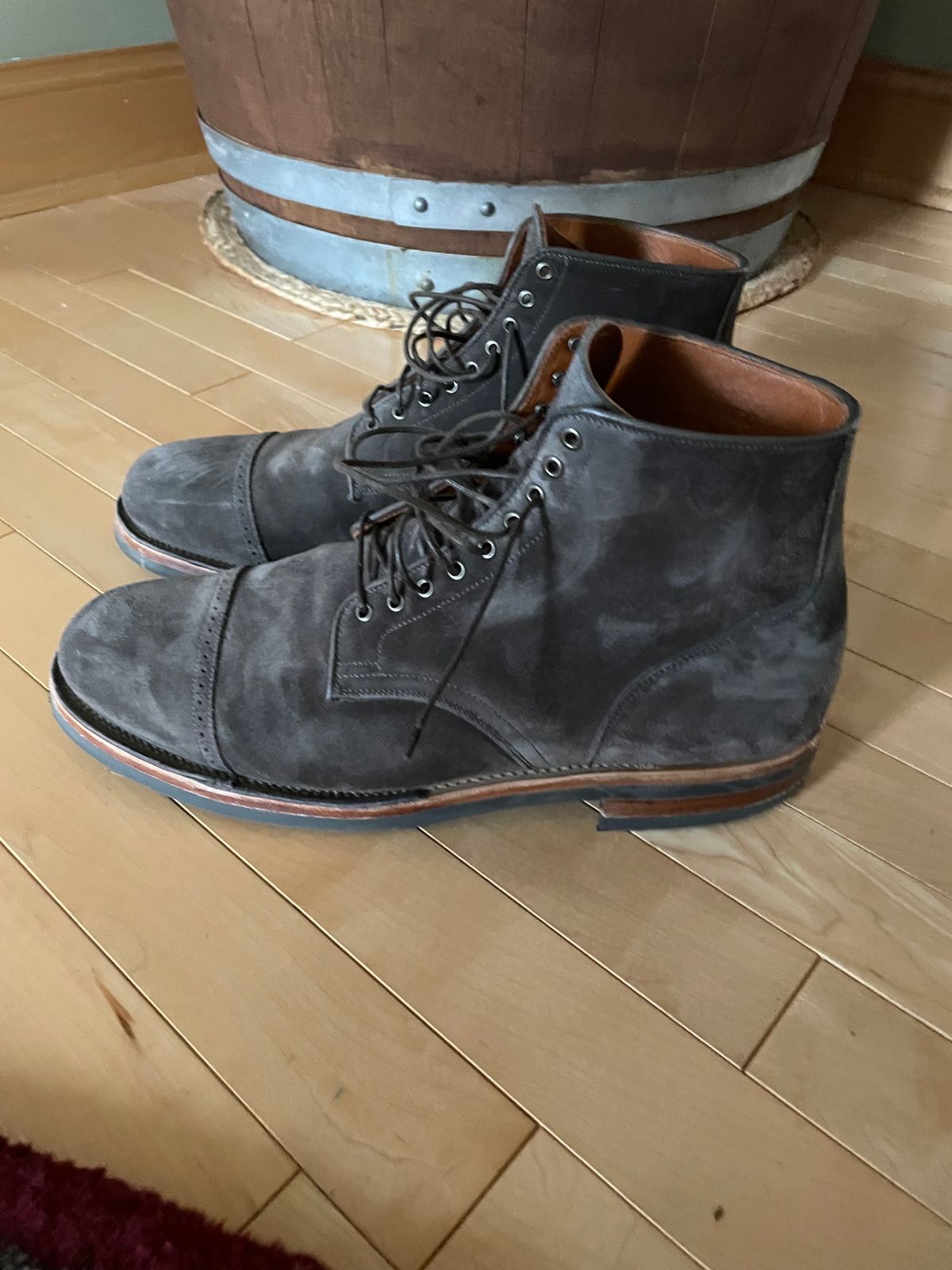 Photo by wonkytoe on December 4, 2023 of the Viberg Service Boot BCT in C.F. Stead Thyme Janus Calf Suede.
