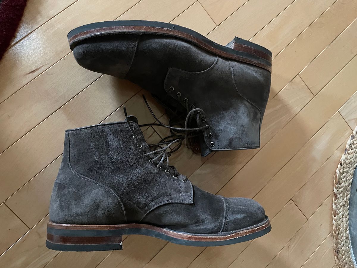 Photo by wonkytoe on December 4, 2023 of the Viberg Service Boot BCT in C.F. Stead Thyme Janus Calf Suede.