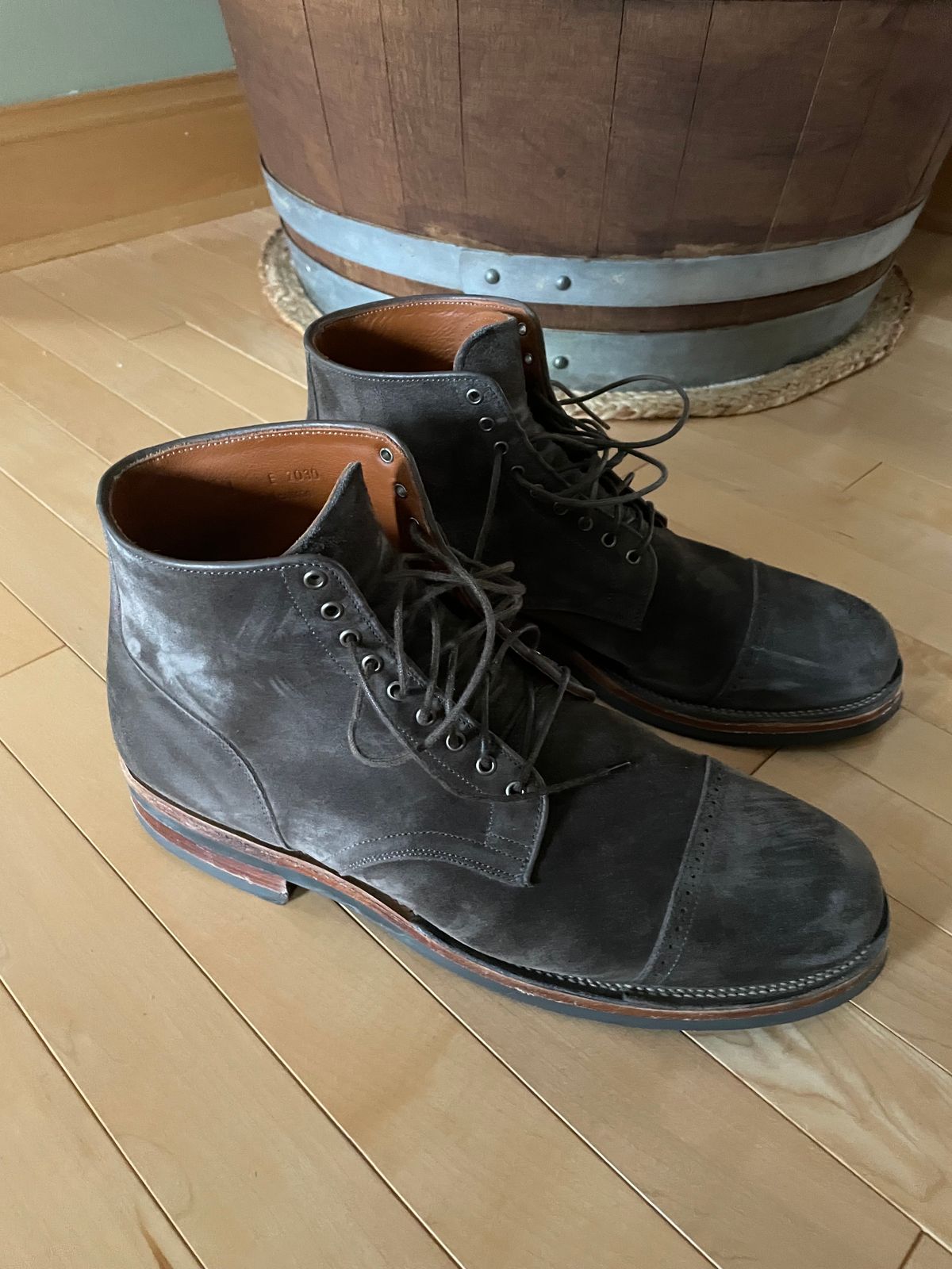 Photo by wonkytoe on December 4, 2023 of the Viberg Service Boot BCT in C.F. Stead Thyme Janus Calf Suede.