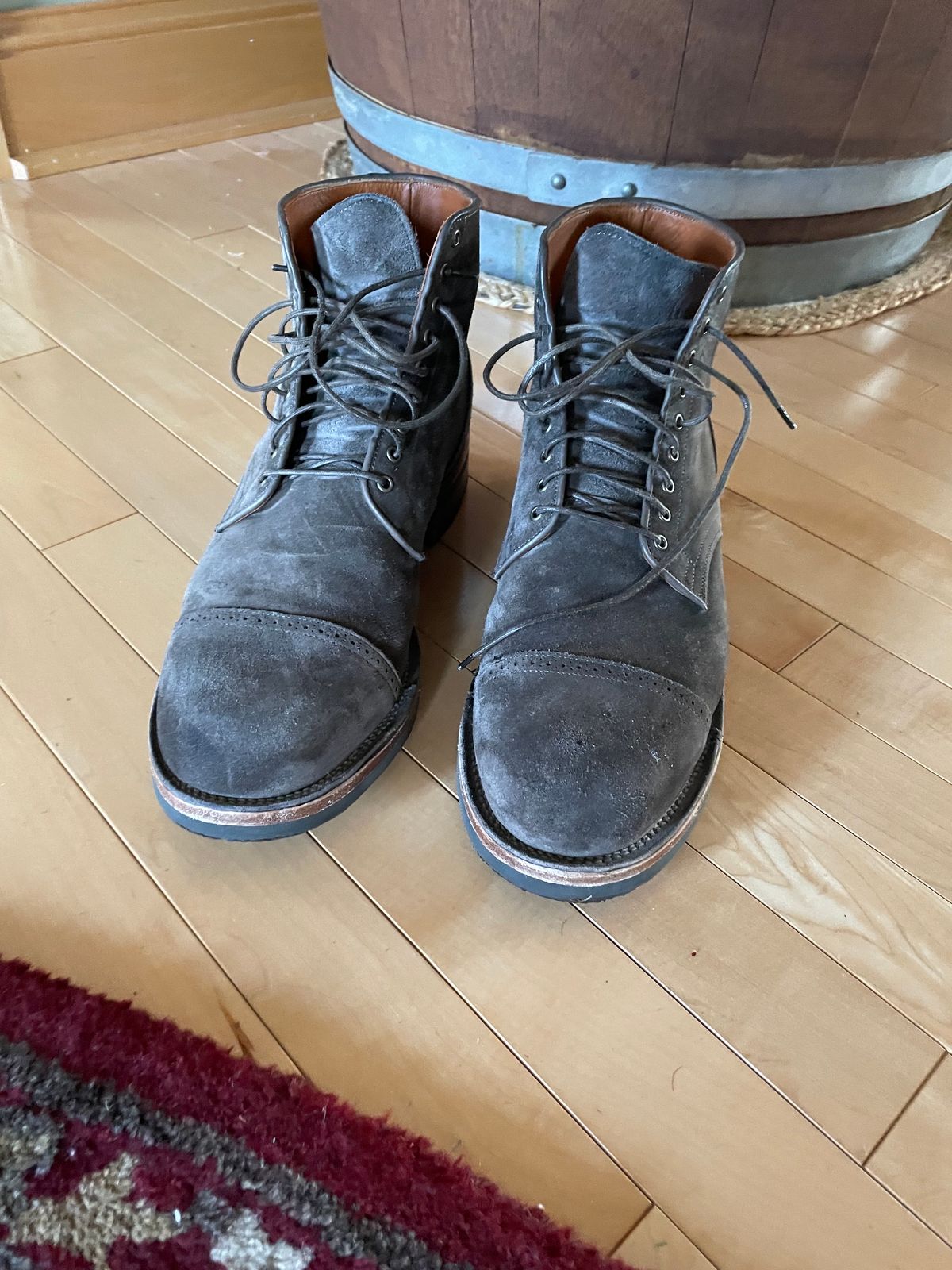 Photo by wonkytoe on February 5, 2024 of the Viberg Service Boot BCT in C.F. Stead Thyme Janus Calf Suede.