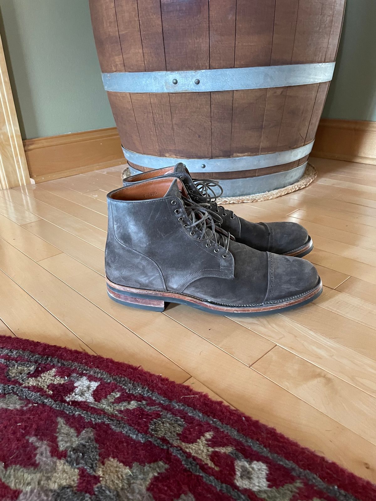 Photo by wonkytoe on February 5, 2024 of the Viberg Service Boot BCT in C.F. Stead Thyme Janus Calf Suede.