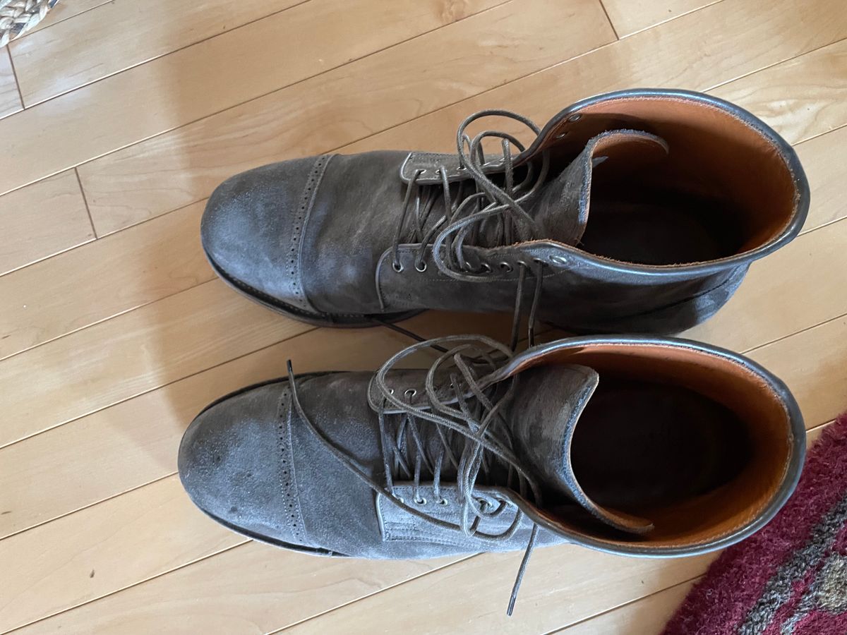 Photo by wonkytoe on February 5, 2024 of the Viberg Service Boot BCT in C.F. Stead Thyme Janus Calf Suede.