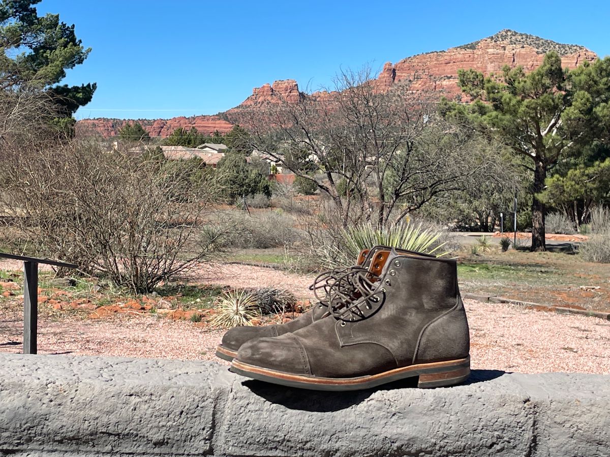 Photo by wonkytoe on March 2, 2024 of the Viberg Service Boot BCT in C.F. Stead Thyme Janus Calf Suede.