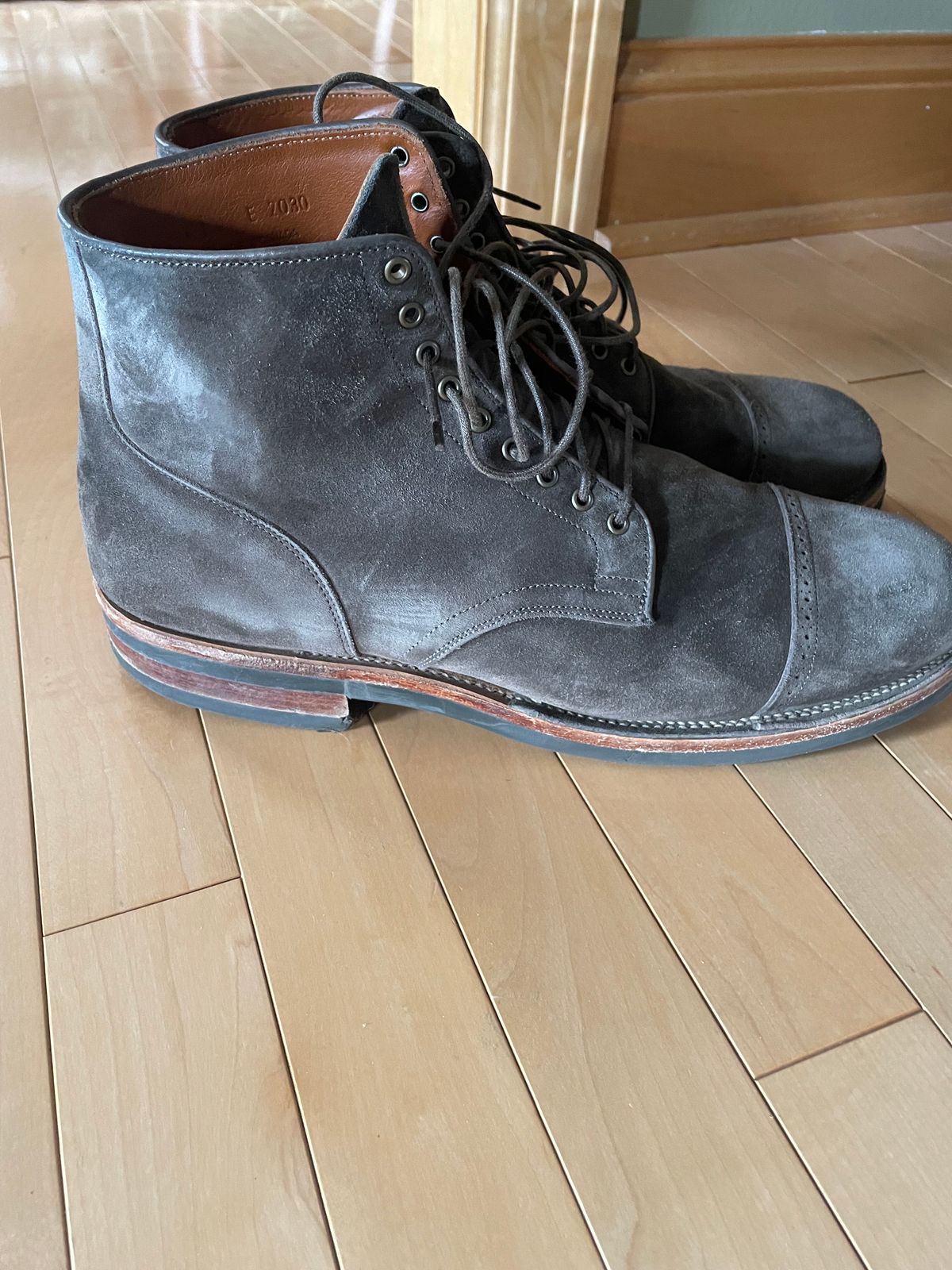 Photo by wonkytoe on April 3, 2024 of the Viberg Service Boot BCT in C.F. Stead Thyme Janus Calf Suede.