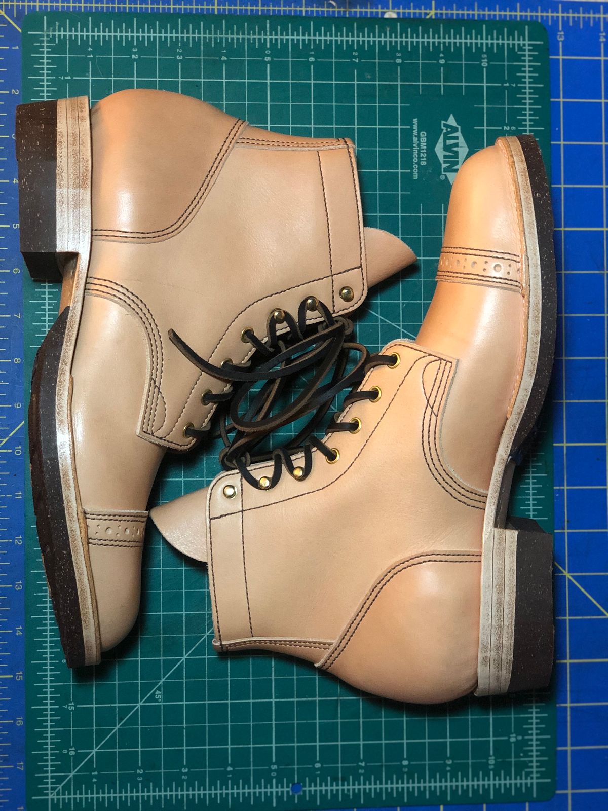 Photo by m.f.bootco on October 2, 2023 of the M.F. Boot Co Service Boot in Sepici Tumbled Waxed Natural Veg Tan.