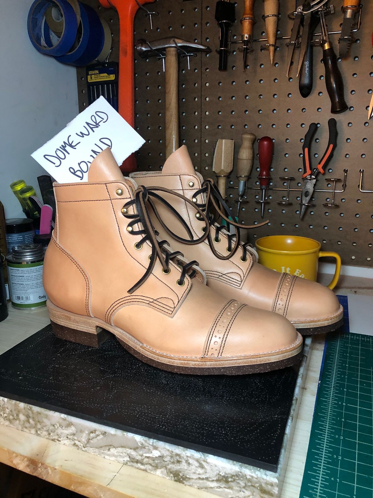 Photo by m.f.bootco on October 2, 2023 of the M.F. Boot Co Service Boot in Sepici Tumbled Waxed Natural Veg Tan.