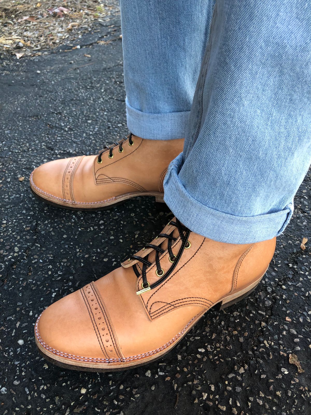 Photo by m.f.bootco on November 5, 2023 of the M.F. Boot Co Service Boot in Sepici Tumbled Waxed Natural Veg Tan.