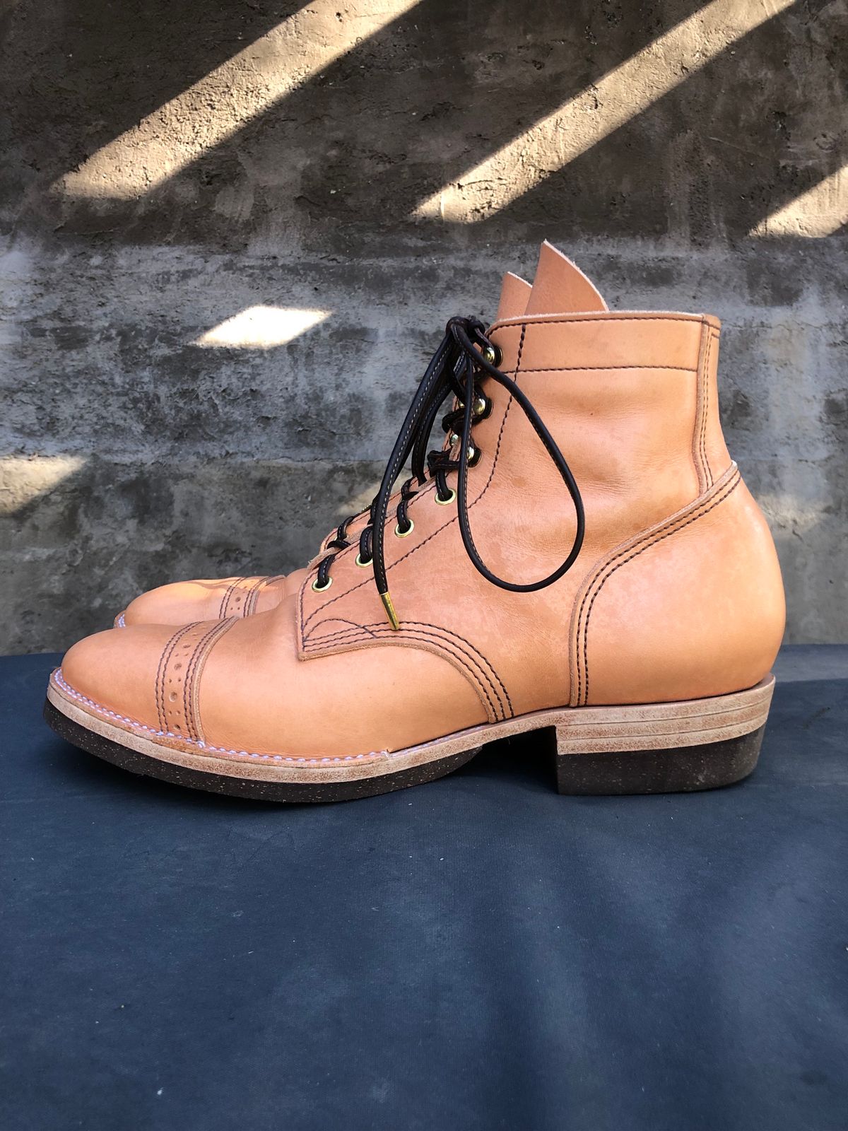 Photo by m.f.bootco on November 5, 2023 of the M.F. Boot Co Service Boot in Sepici Tumbled Waxed Natural Veg Tan.
