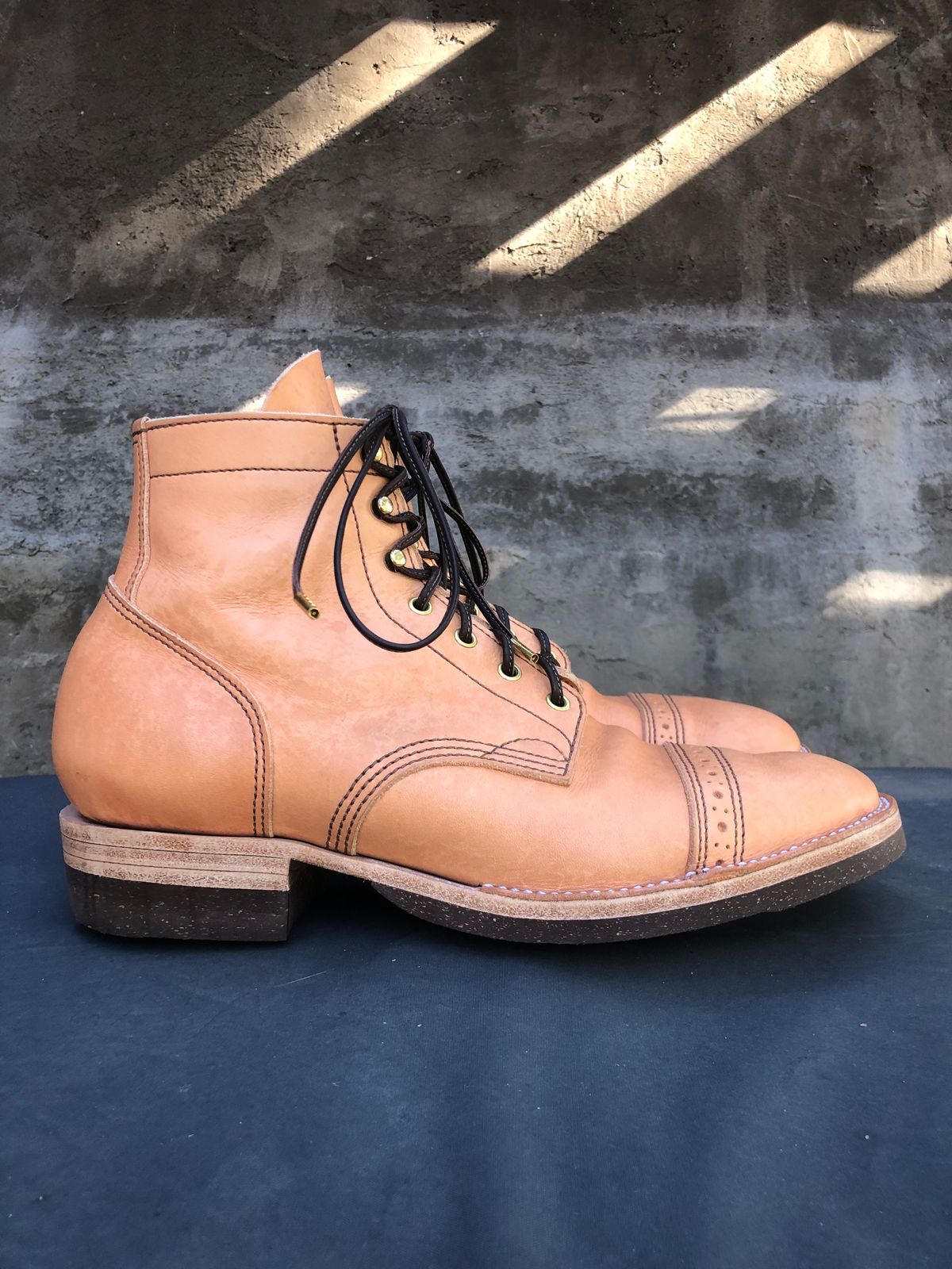 Photo by m.f.bootco on November 5, 2023 of the M.F. Boot Co Service Boot in Sepici Tumbled Waxed Natural Veg Tan.