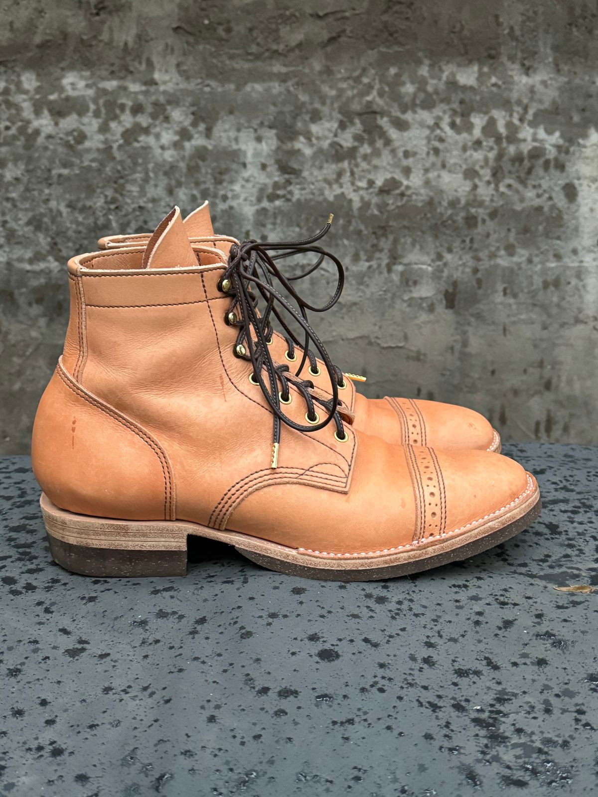 Photo by m.f.bootco on December 5, 2023 of the M.F. Boot Co Service Boot in Sepici Tumbled Waxed Natural Veg Tan.