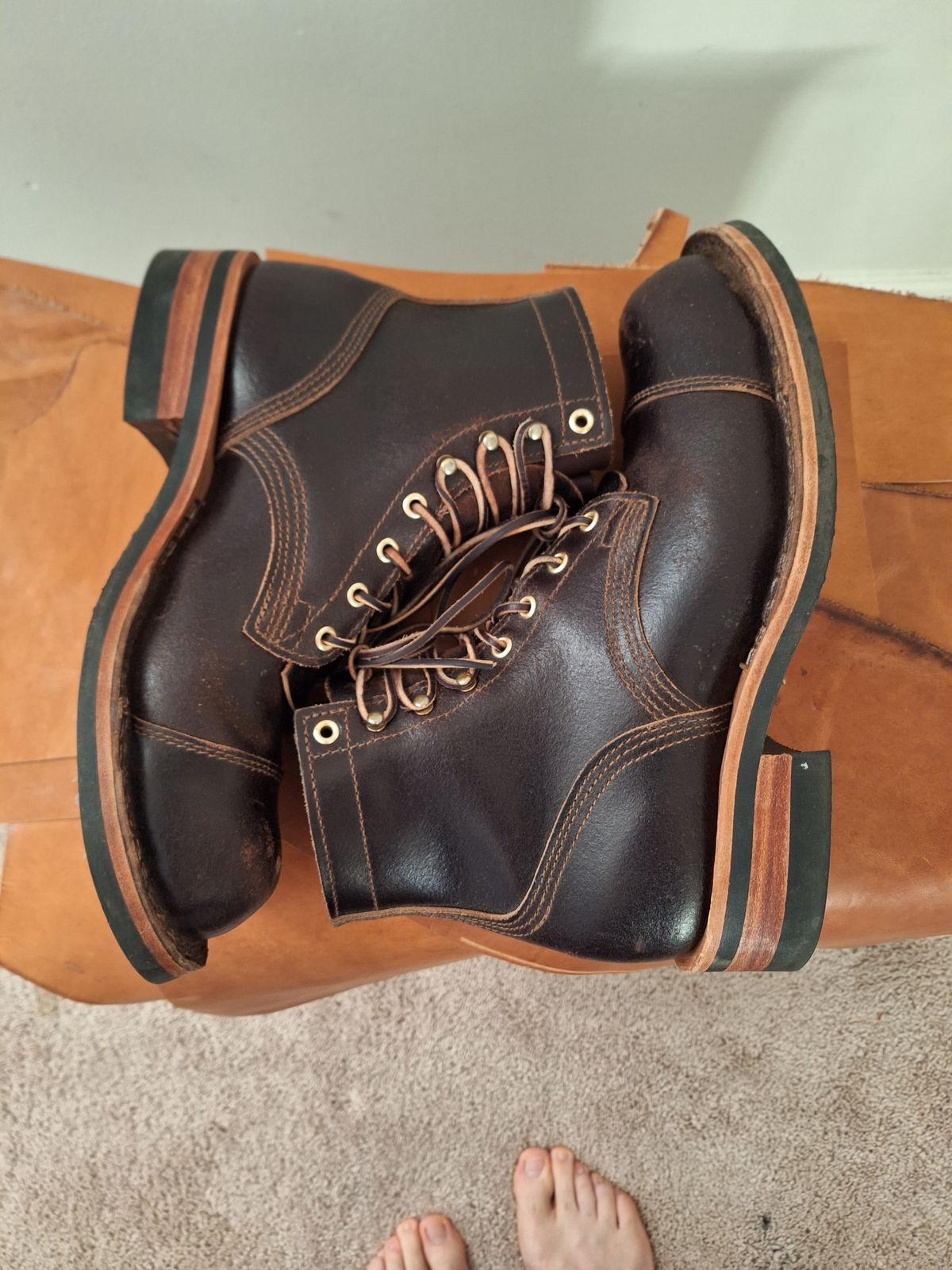 Photo by PatinaTherapist on November 1, 2023 of the Nicks Prospector in Horween Brown Waxed Flesh.