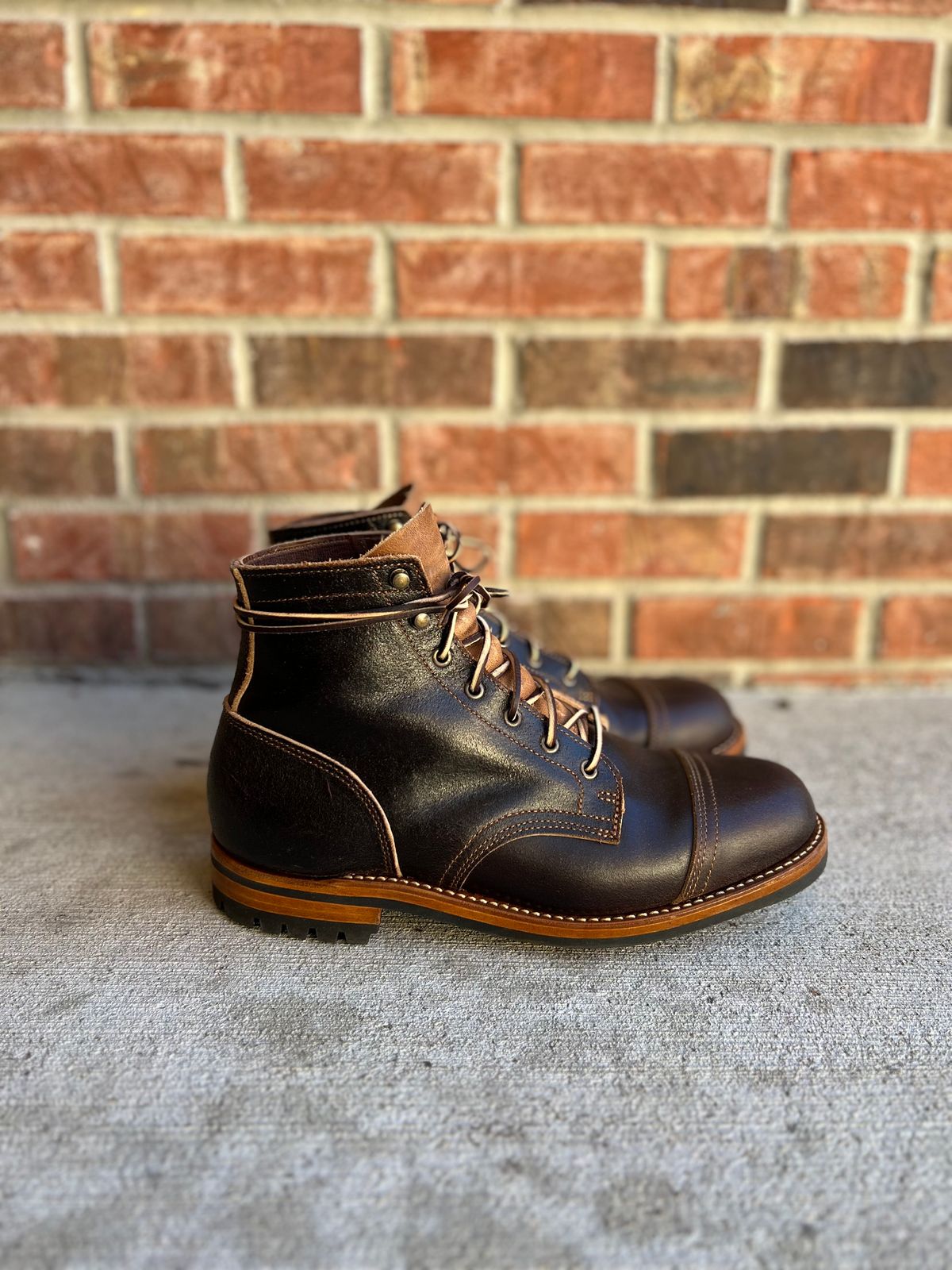 Photo by IndyBen on November 2, 2024 of the Truman Cap Toe Boot in Horween Java Waxed Flesh.