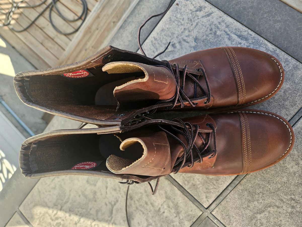 Photo by hosekileather on October 1, 2025 of the Red Wing x Indian Motorcycle Spirit Lake in Redwing Amber Portage Leather.