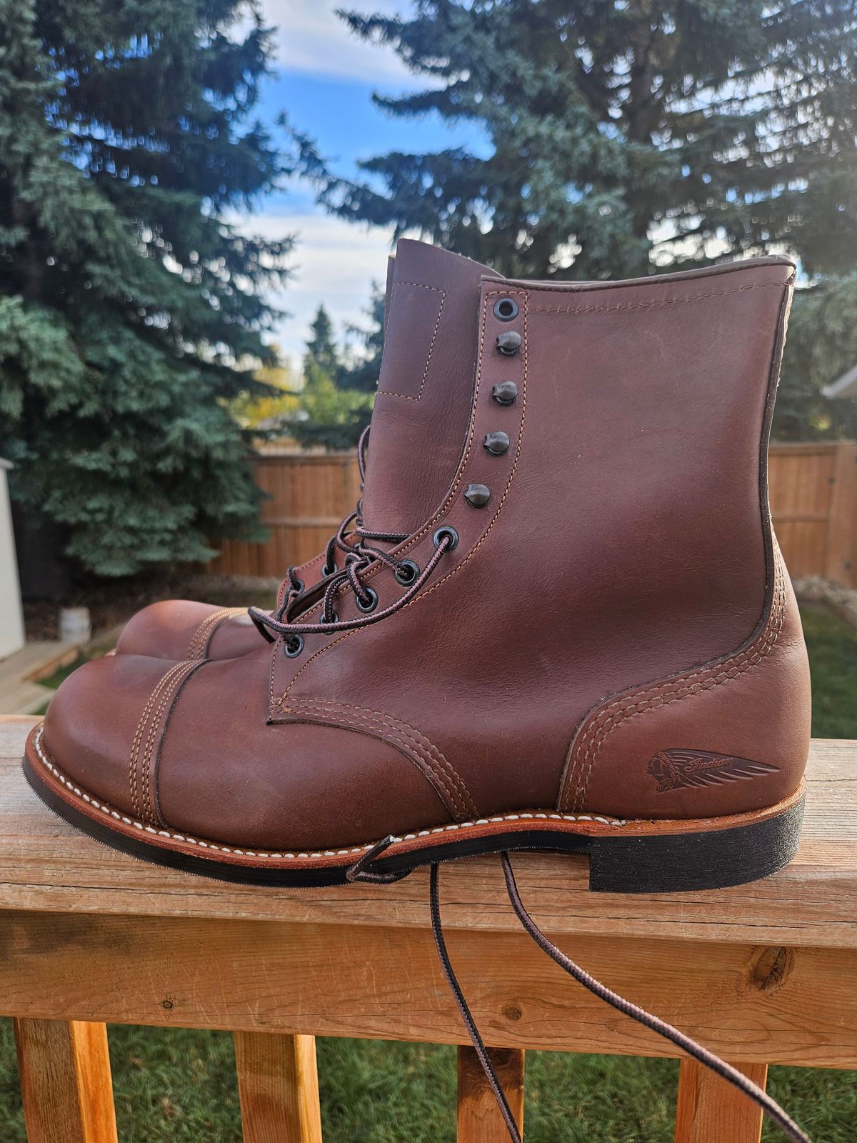 Photo by hosekileather on October 1, 2025 of the Red Wing x Indian Motorcycle Spirit Lake in Redwing Amber Portage Leather.