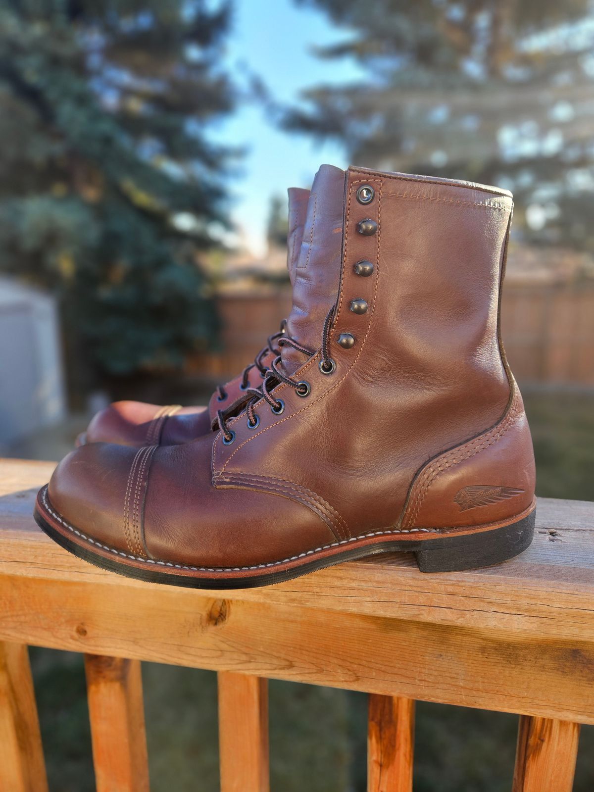 Photo by hosekileather on November 2, 2025 of the Red Wing x Indian Motorcycle Spirit Lake in Redwing Amber Portage Leather.