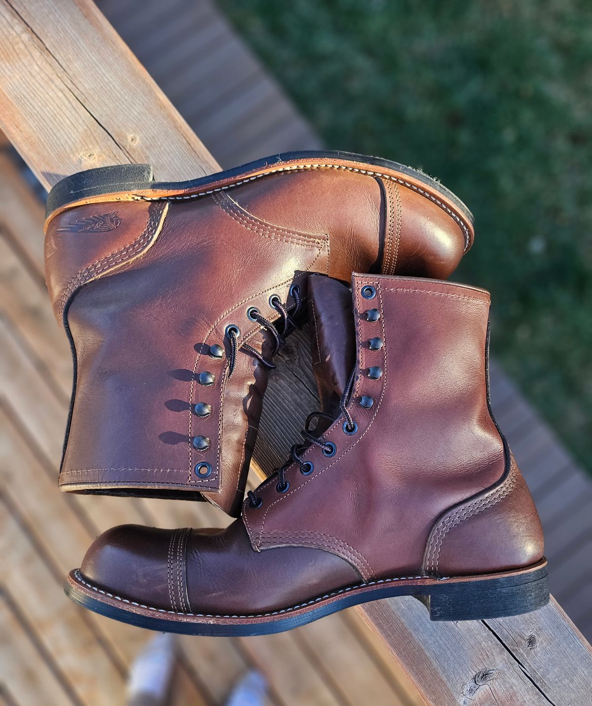 Photo by hosekileather on November 2, 2025 of the Red Wing x Indian Motorcycle Spirit Lake in Redwing Amber Portage Leather.