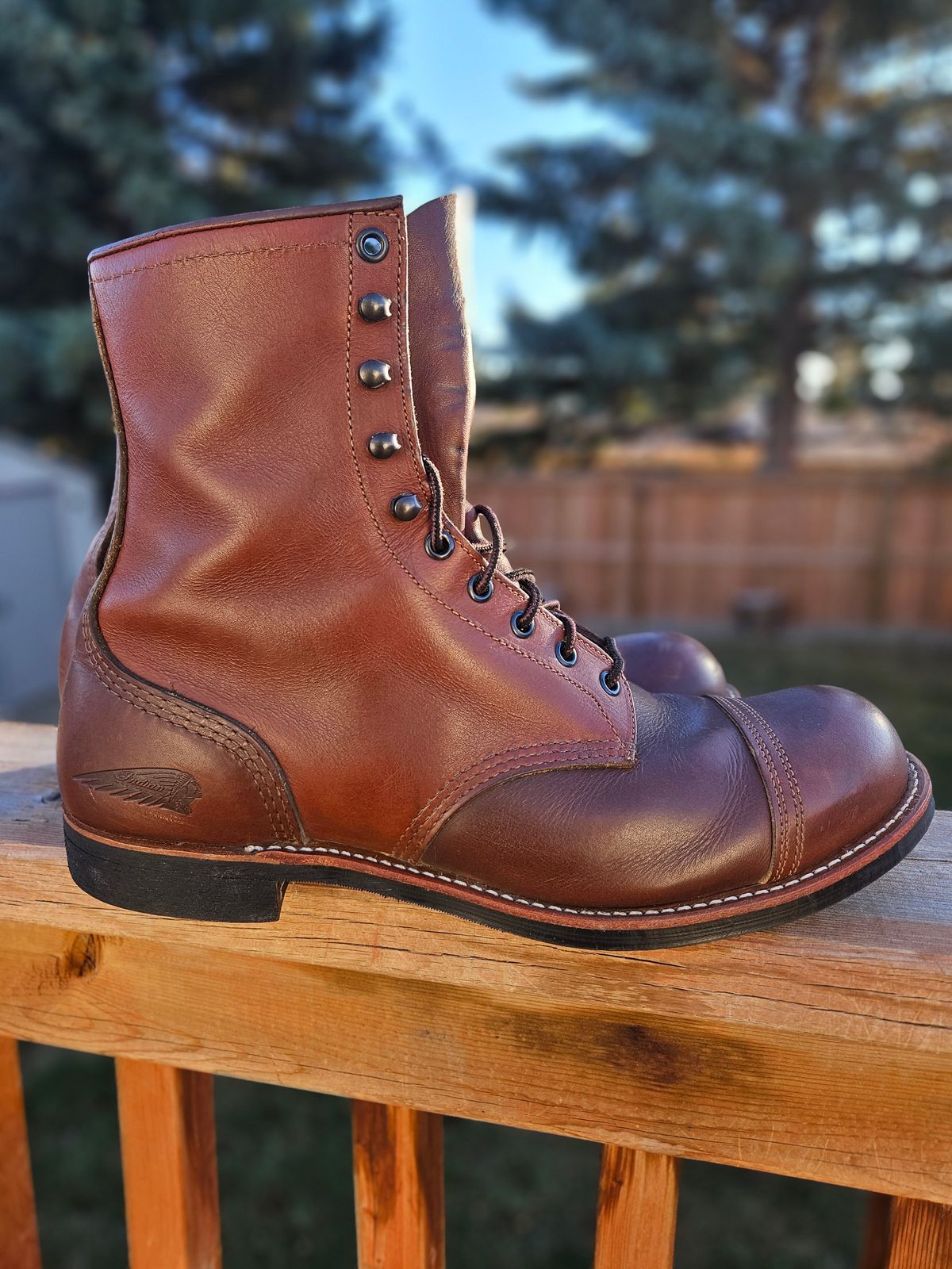 Photo by hosekileather on November 2, 2025 of the Red Wing x Indian Motorcycle Spirit Lake in Redwing Amber Portage Leather.
