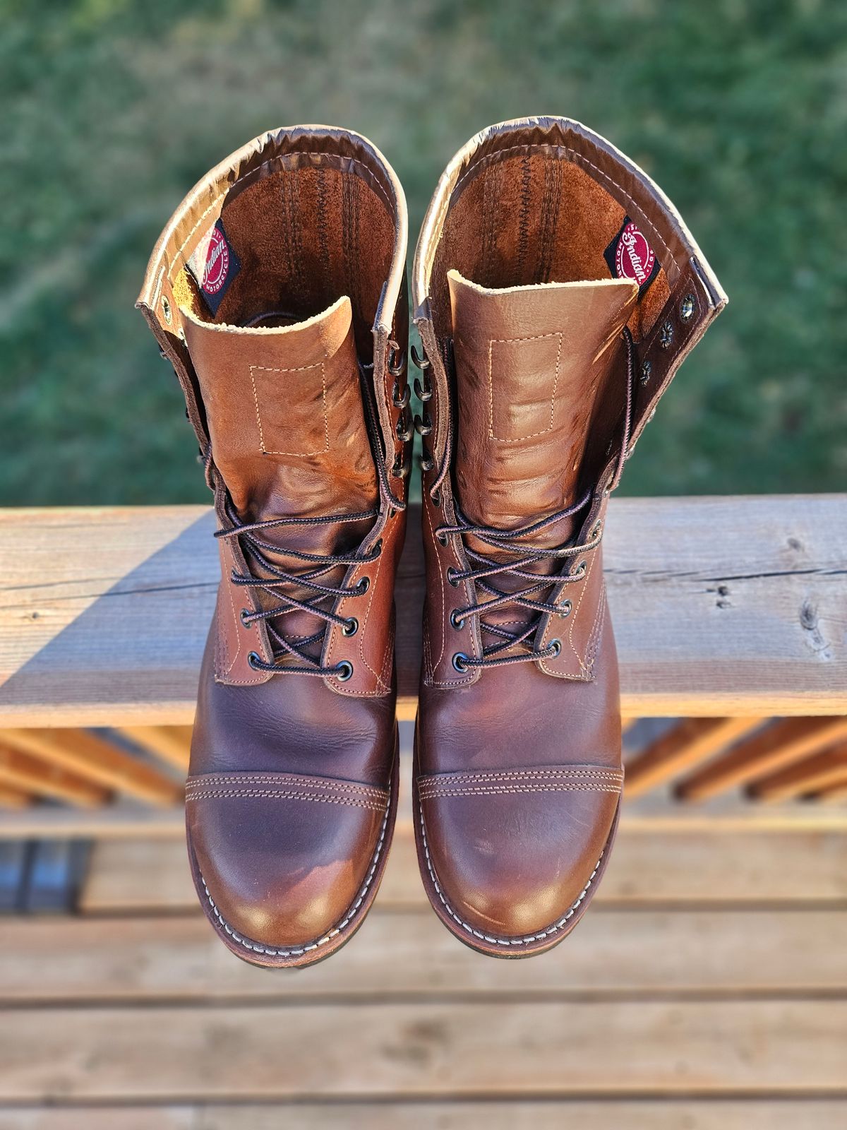 Photo by hosekileather on November 2, 2025 of the Red Wing x Indian Motorcycle Spirit Lake in Redwing Amber Portage Leather.