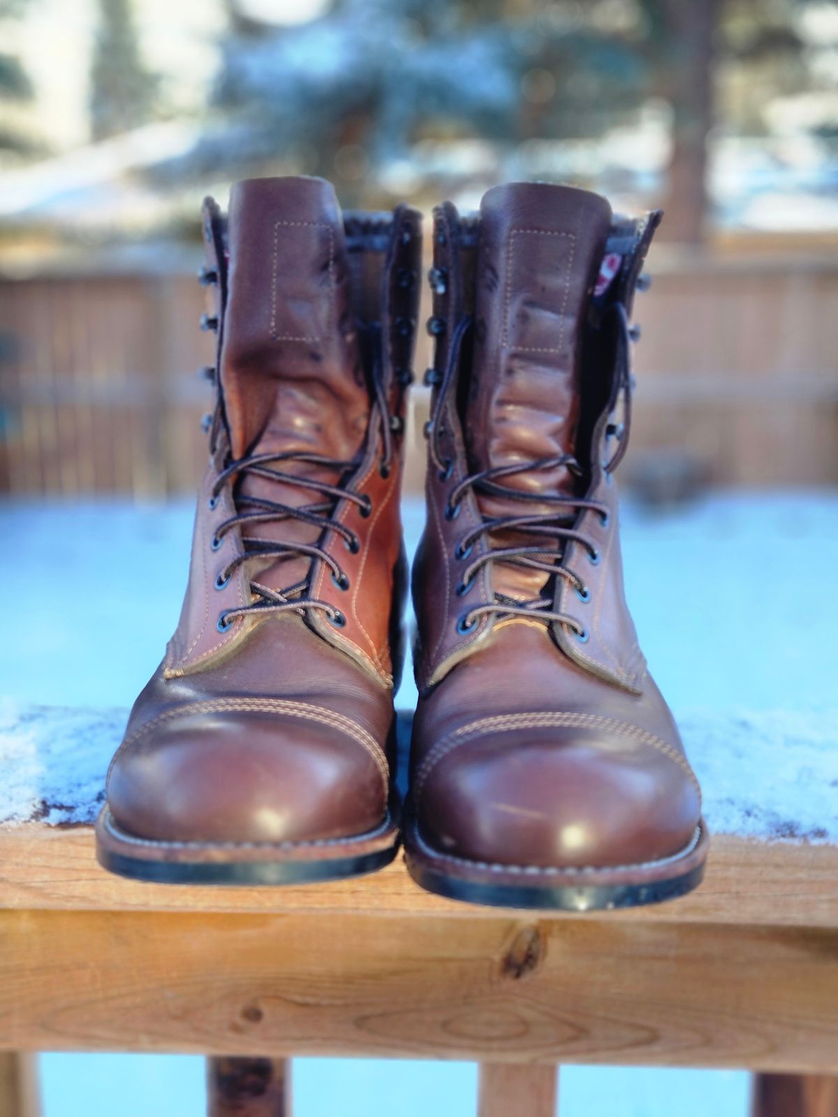 Photo by hosekileather on December 3, 2025 of the Red Wing x Indian Motorcycle Spirit Lake in Redwing Amber Portage Leather.