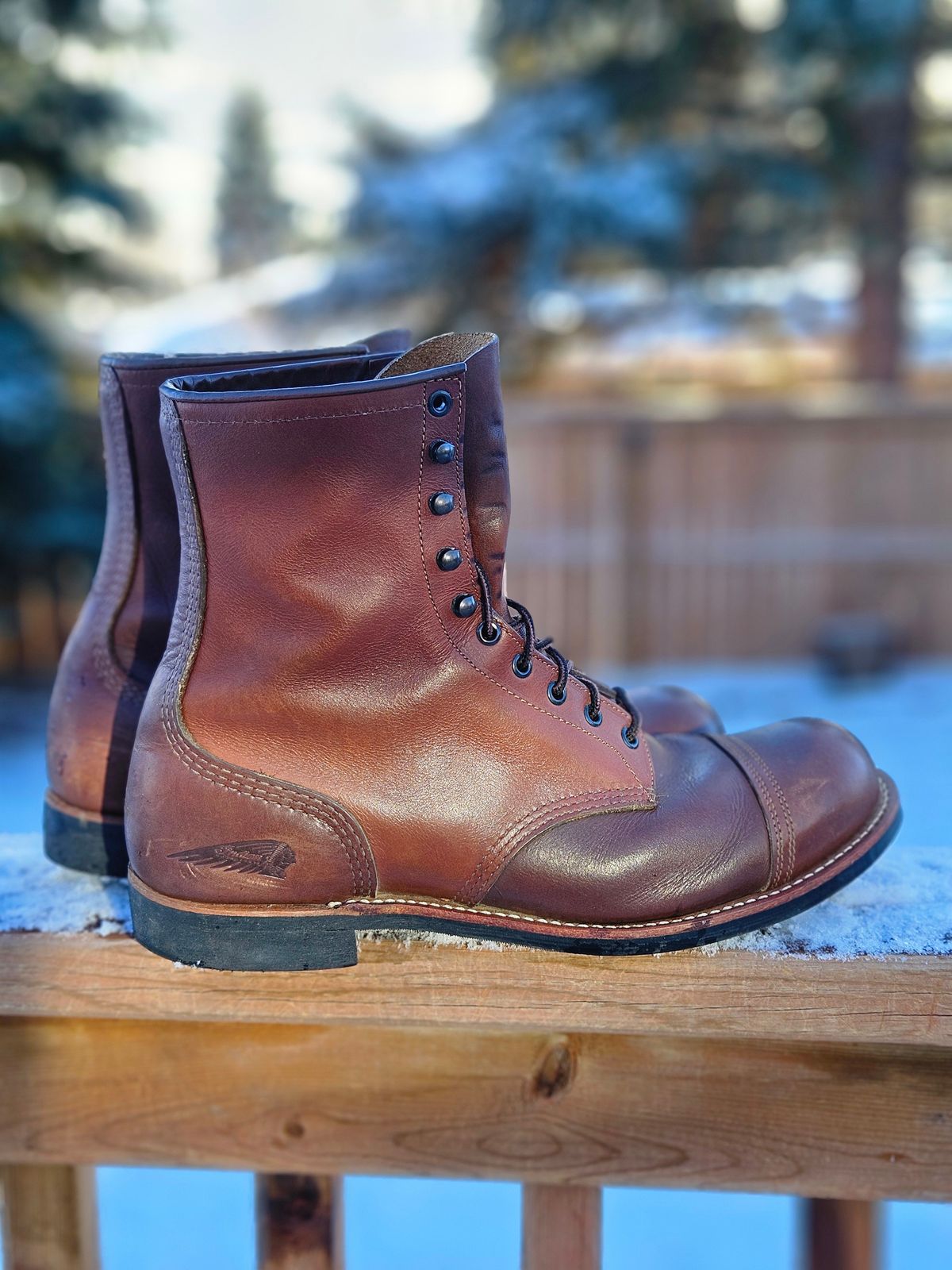 Photo by hosekileather on December 3, 2025 of the Red Wing x Indian Motorcycle Spirit Lake in Redwing Amber Portage Leather.