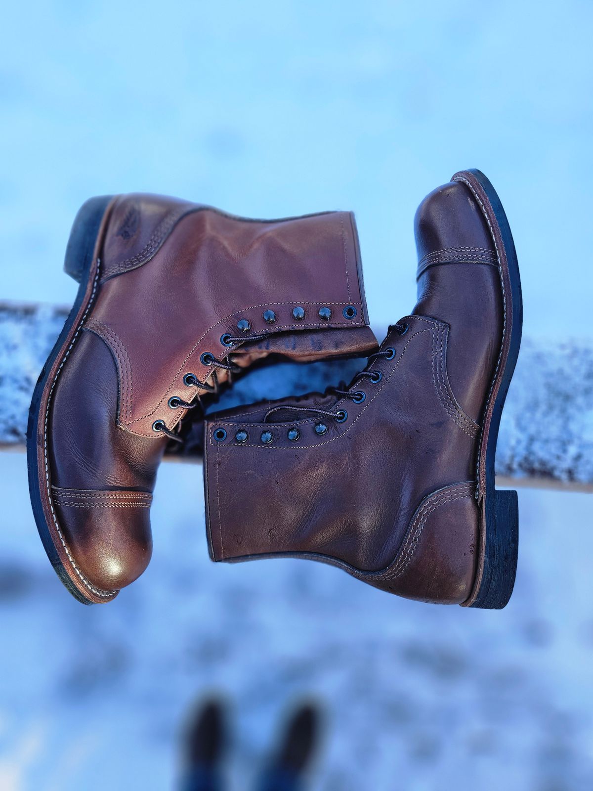 Photo by hosekileather on December 3, 2025 of the Red Wing x Indian Motorcycle Spirit Lake in Redwing Amber Portage Leather.