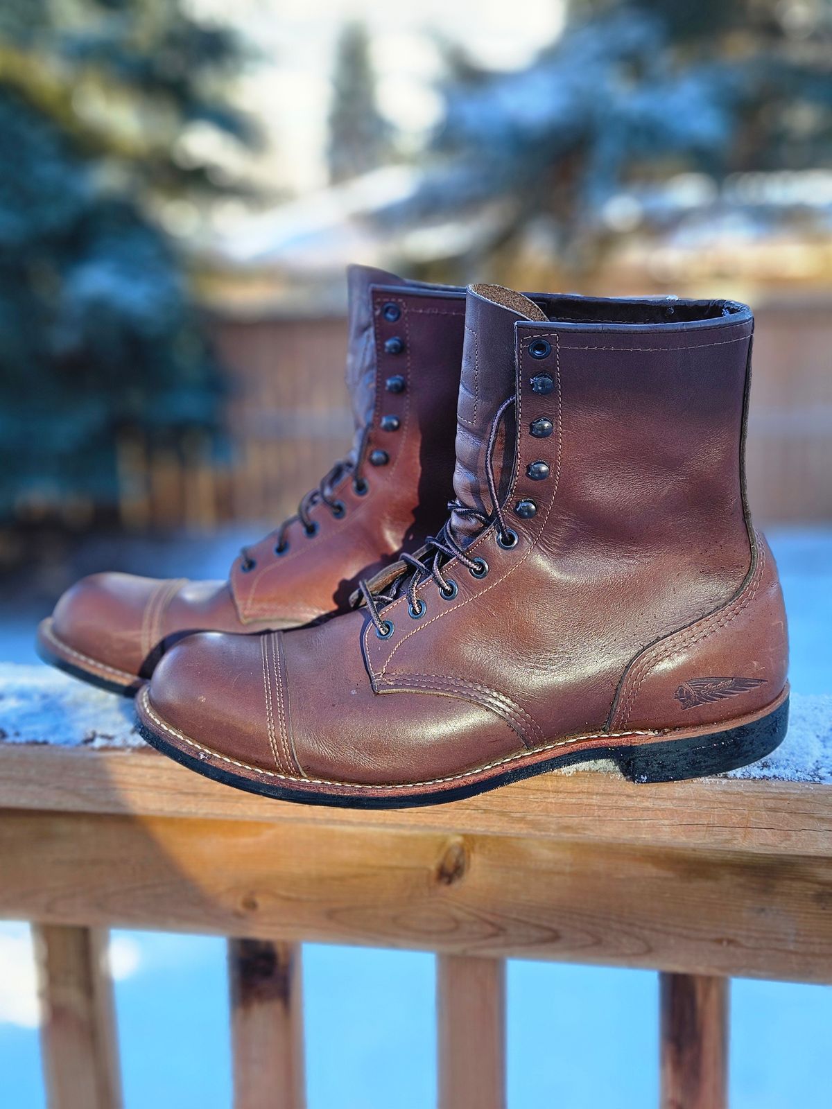 Photo by hosekileather on December 3, 2025 of the Red Wing x Indian Motorcycle Spirit Lake in Redwing Amber Portage Leather.